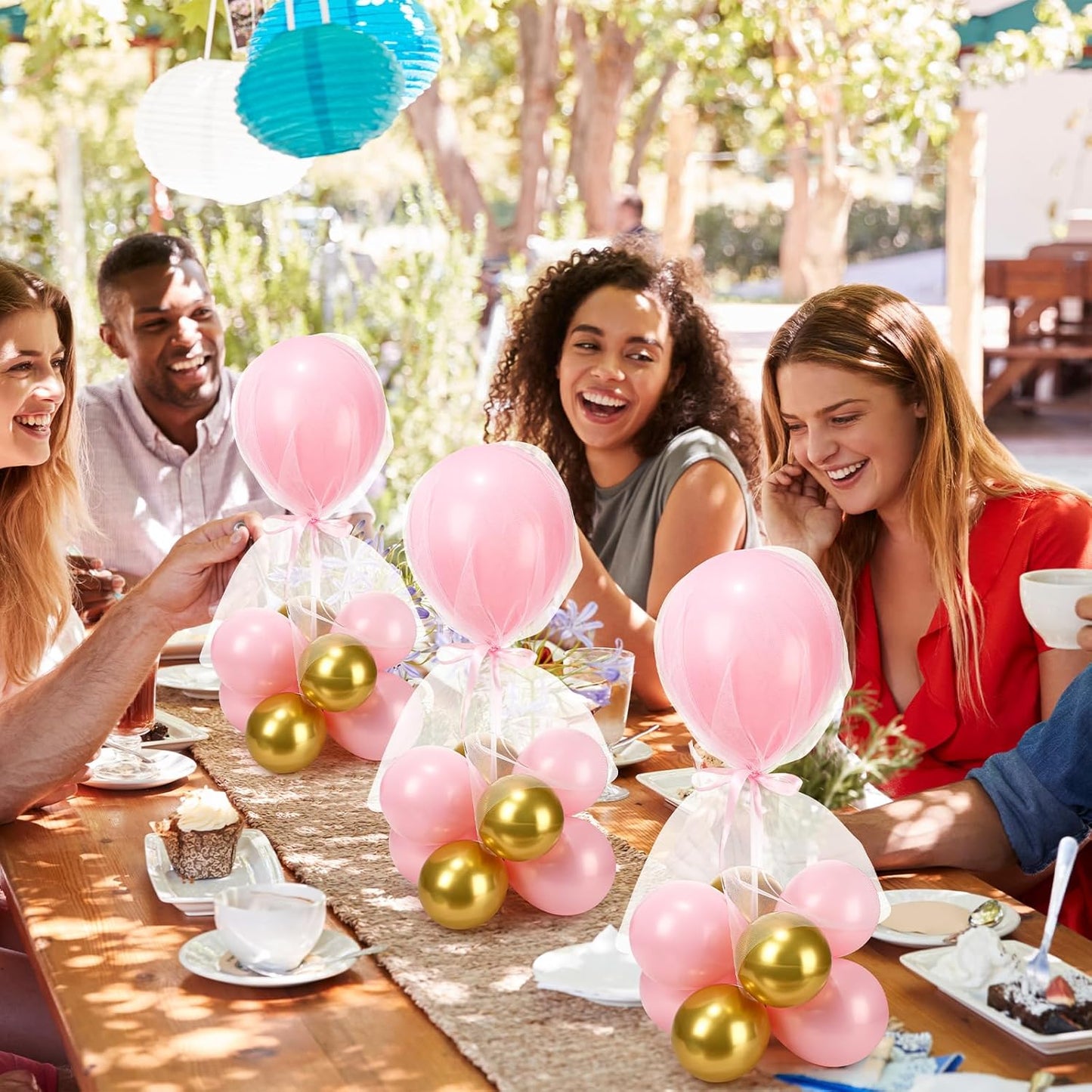 BBTO 8 Set Table Centerpieces Balloons Stand Kit, 80 Pcs Latex Balloons and Table Stand Holder with Base Tulle for Wedding Birthday Baby Shower Party (Pink, Gold)