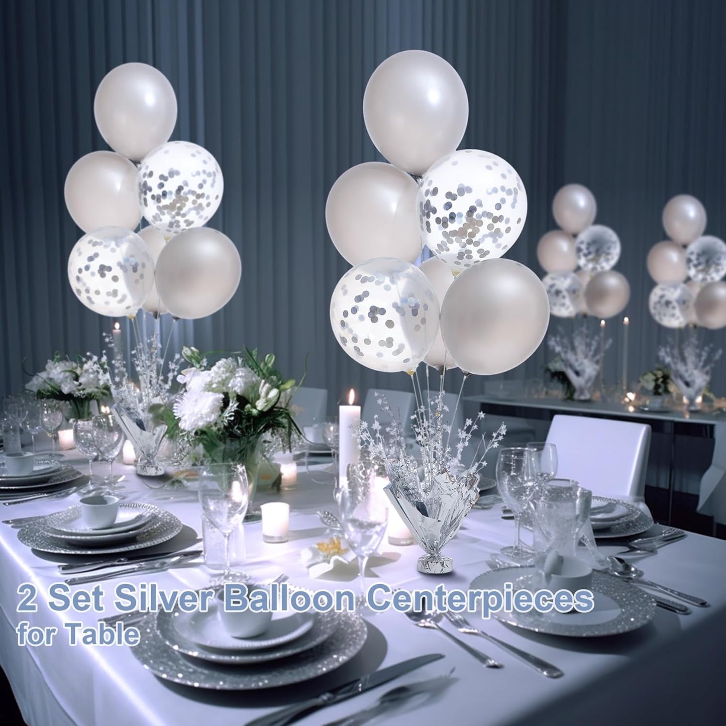 2 Set Silver Balloon Centerpieces for Tables with Balloon Stand Kit Perfect for Parties Birthday Baby Showers 50th Anniversary Party Decorations