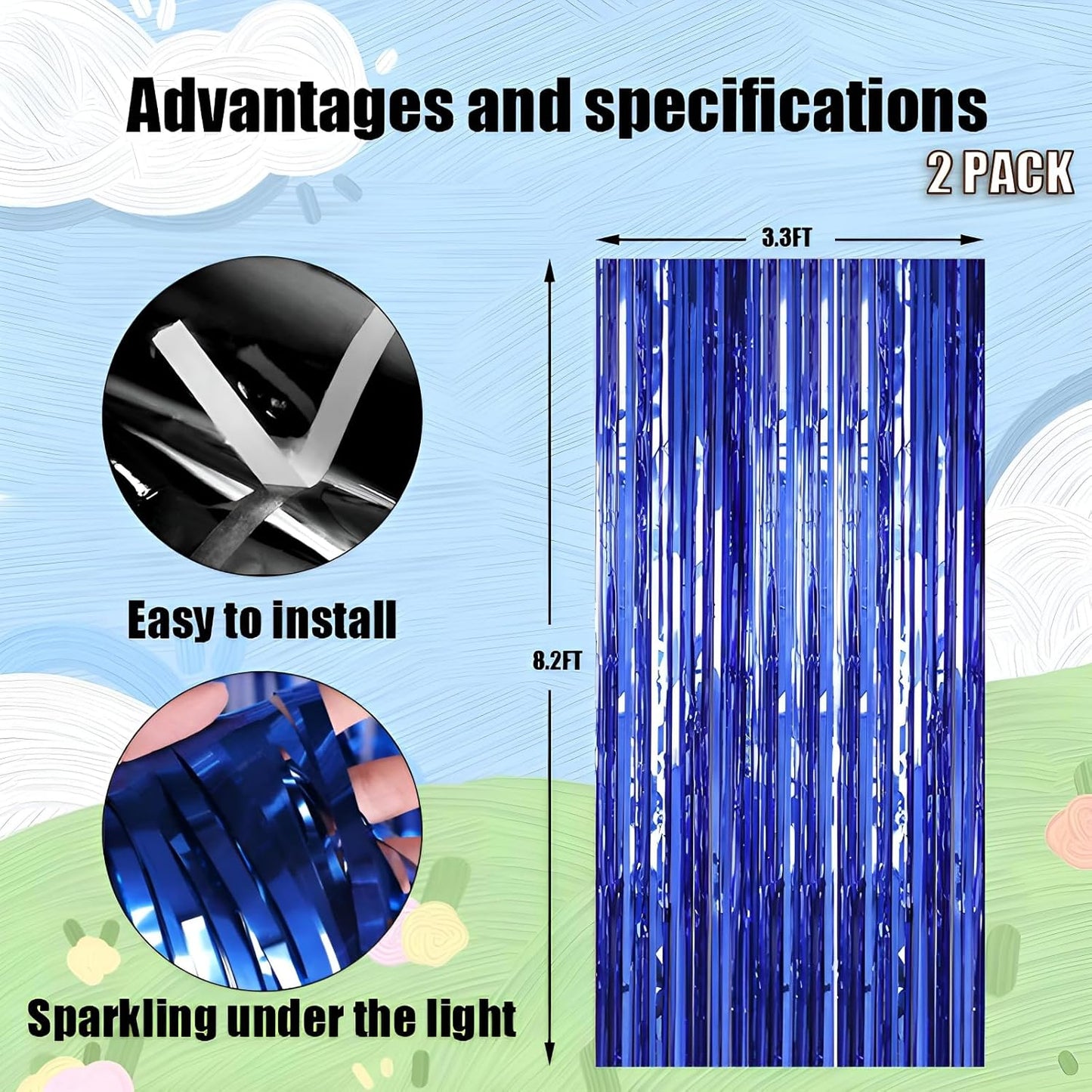 Keyali 2 Pack 3.3 * 8.3 ft Foil Curtain Metallic Tinsel Fringe Curtains Photo Booth Props Backdrop for Birthday Wedding Engagement Baby Shower Christmas Holiday Celebration Partyl,Blue