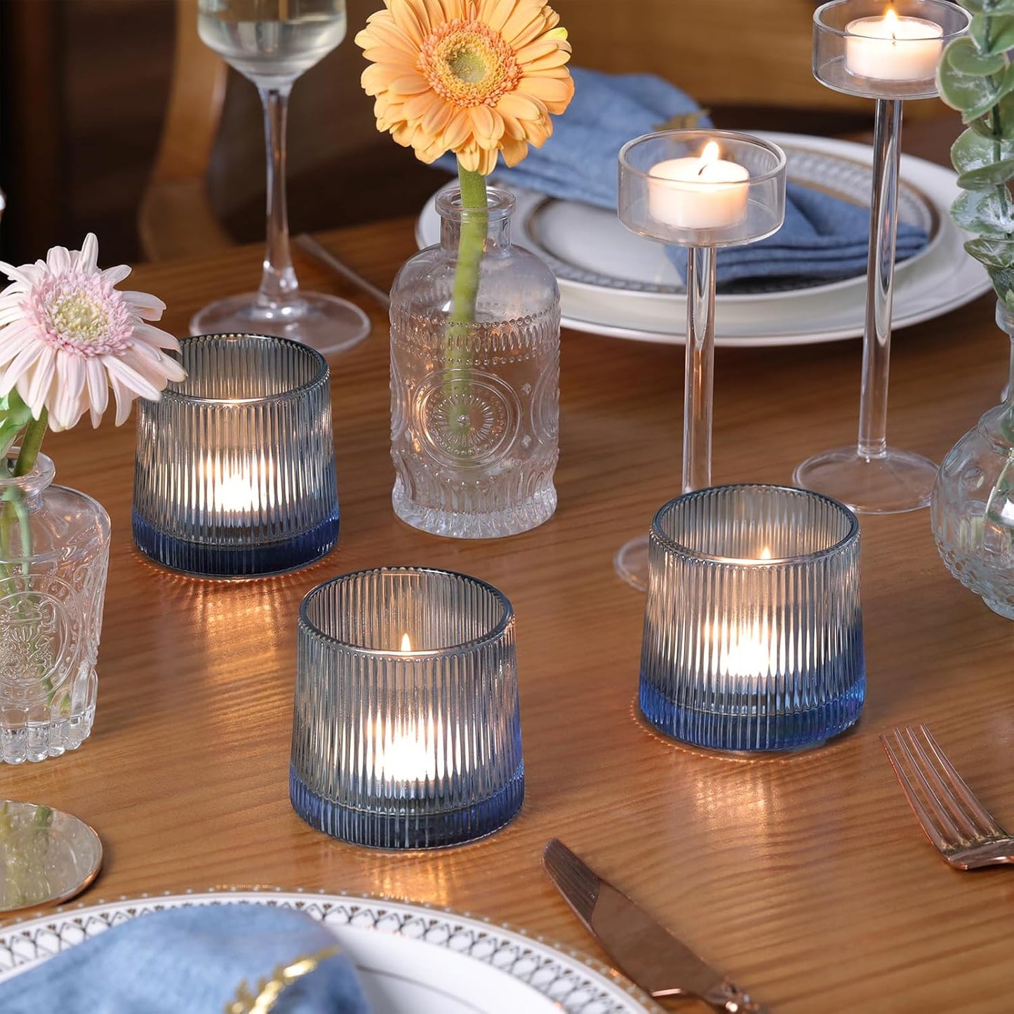 DARJEN Blue Ribbed Tealight Votive Candle Holders- 6Pack Glass Candle Holders for Table Centerpiece, Wedding Decor, Home Decor, Party Dinner
