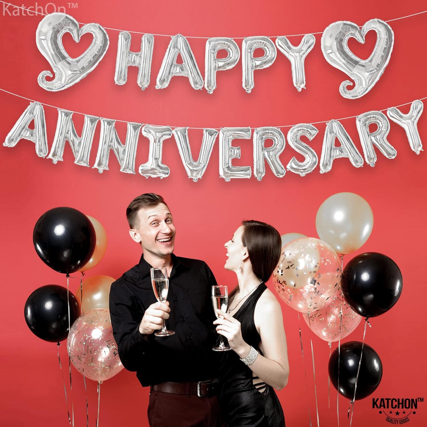 KatchOn, Silver Happy Anniversary Balloons Letters - Big, 18 Inch | Silver Happy Anniversary Balloon Banner | Heart Balloons