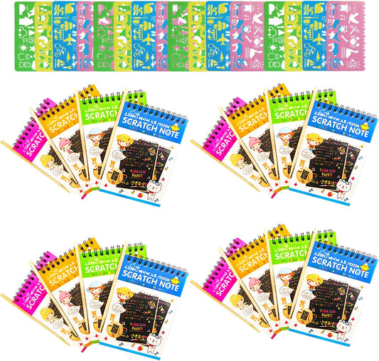 Soumore 16 Pack Scratch Notebooks, Rainbow Scratch Note Combo Art Set, Magic Scratch Painting & Sketch Art Notes Drawing Notepads for Kids - Includes Drawing Stencil and Wooden Stylu with Each Note