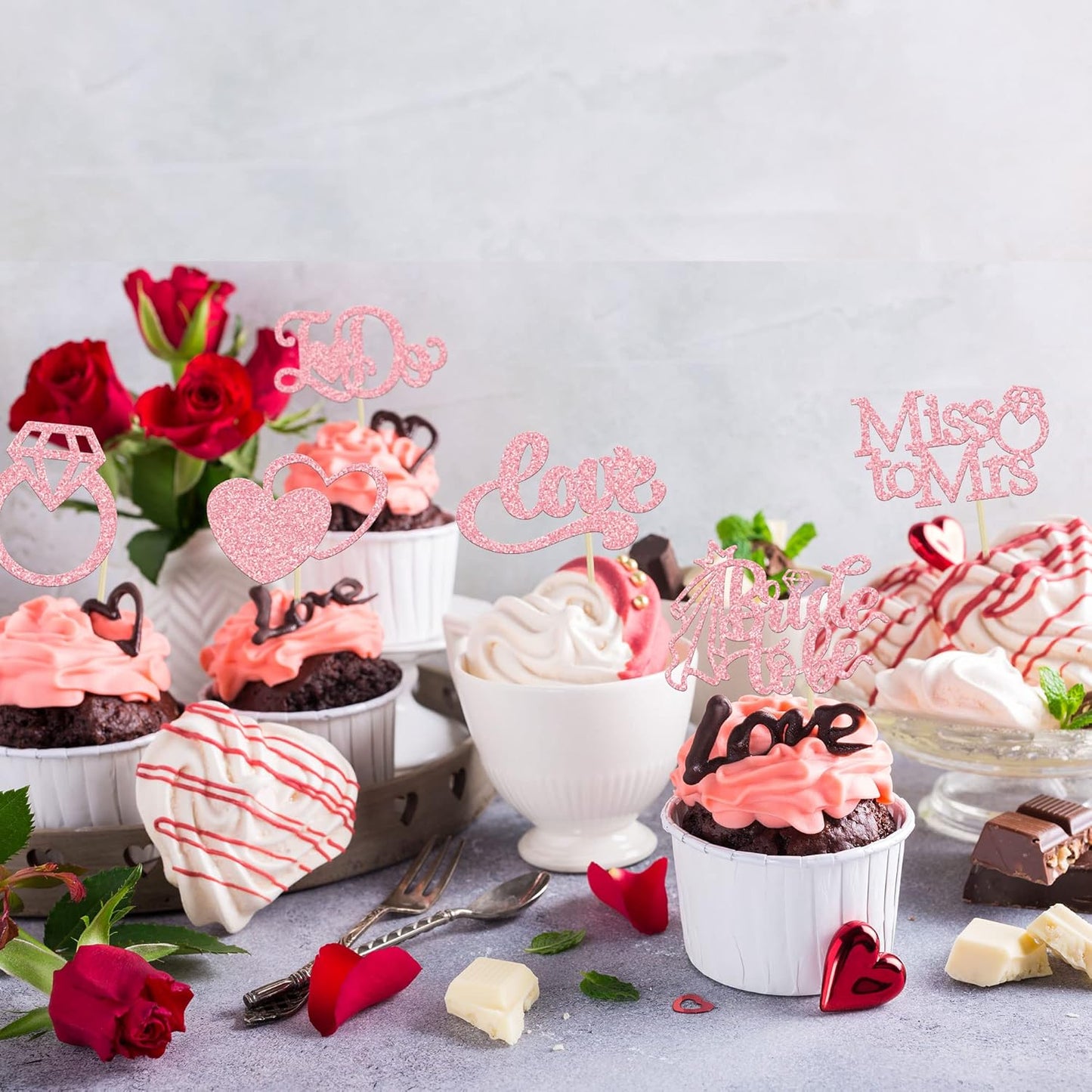 Gyufise 24Pcs Bride to Be Cupcake Toppers Pink Glitter I Do Love Heart Ring Miss To Mrs Cupcake Picks Bridal Shower Cake Decorations for Wedding Engagement Bachelorette Party Supplies