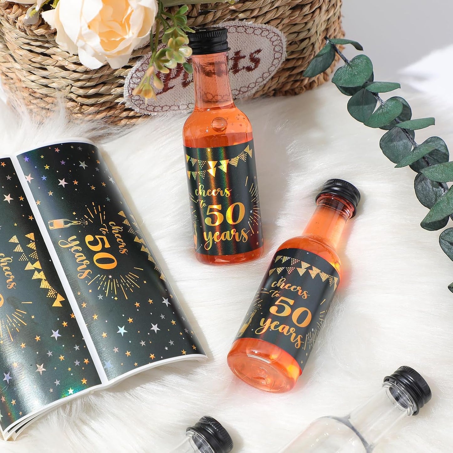 Vesici 50 Pack Mini Liquor Bottles 1.7oz Shot Mini Wine and Champagne Bottle Birthday Sticker with 2 Funnels Birthday Party Favor for Adult Guest Women Men Anniversary Celebration(Cheers to 50 Years)