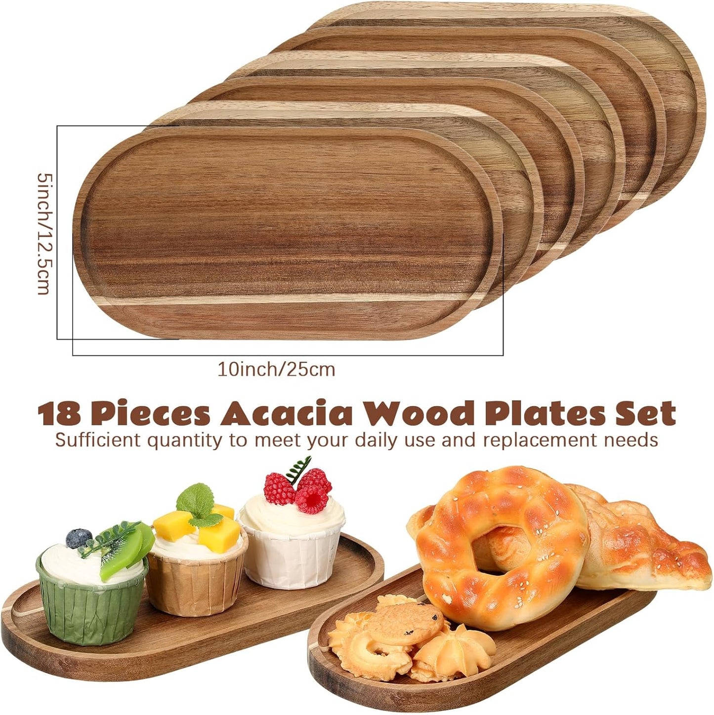 Wenqik 18 Pieces Acacia Wood Tray Set 10 x 5 Inch Acacia Oval Wood Tray Platters Plates Set for Fruit Cheese Dessert Appetizer Vegetable Charcuterie BBQ Party Weddings Supply