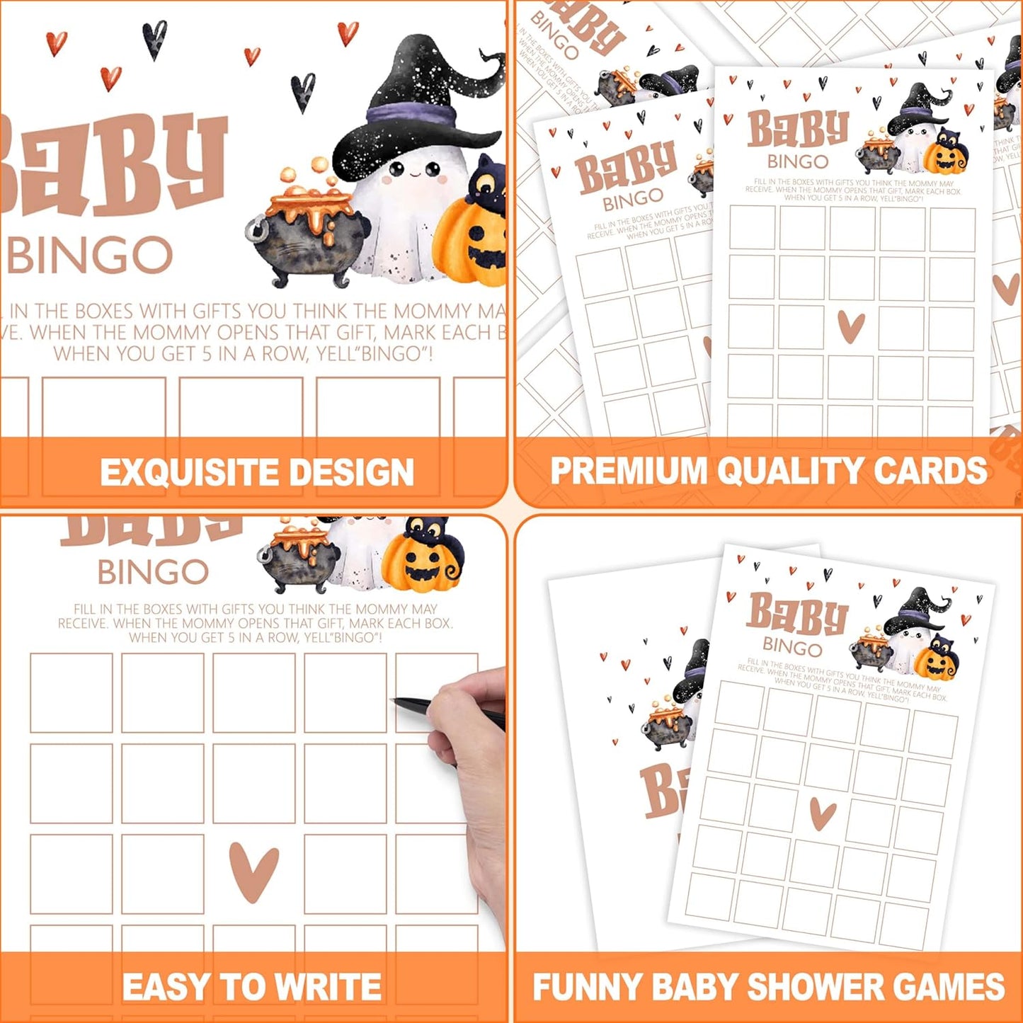 Baby Shower Games, Halloween Baby Bingo Card, 25 Double-Sided Game Cards for Gender Reveal Party Decorations Supplies Announcement - B03