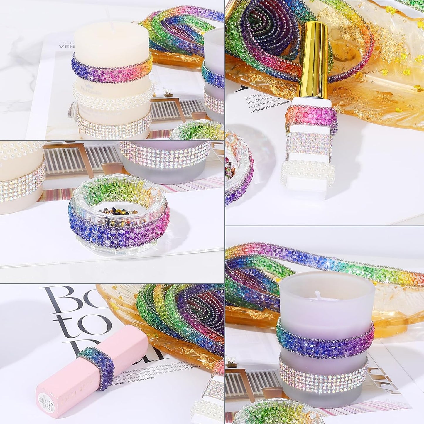 Rhinestone Ribbon 3 Yards Self Adhesive Rhinestone Strips Diamond Ribbon Sticker Crystal Roll Glitter Bling Rhinestones Tape for Crafting DIY Art Decoration (Rainbow,0.4 Inch)