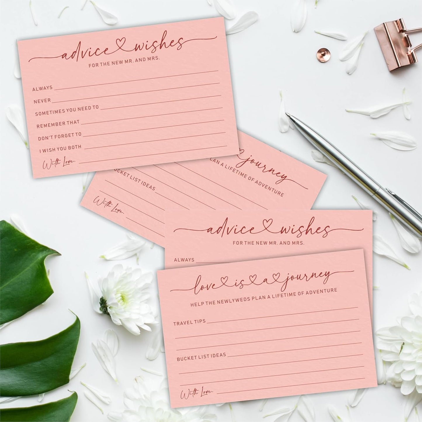 Wedding Advice Cards -Pack Of 30 Wishes For The New Mr & Mrs Wedding,Love Is A Journey Cards - Bride and Groom Newlyweds Bridal Shower Party Decoration,Games(Pink) - A04