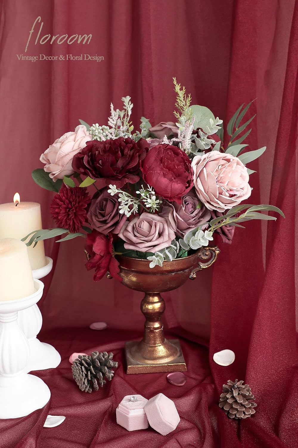 Floroom Burgundy Mauve Artificial Flowers Marsala Fake Roses Peonies and Greenery Combo Box Set for DIY Dark Red Wedding Bouquets Bridal Shower Centerpieces Floral Arrangements Party Tables Decoration