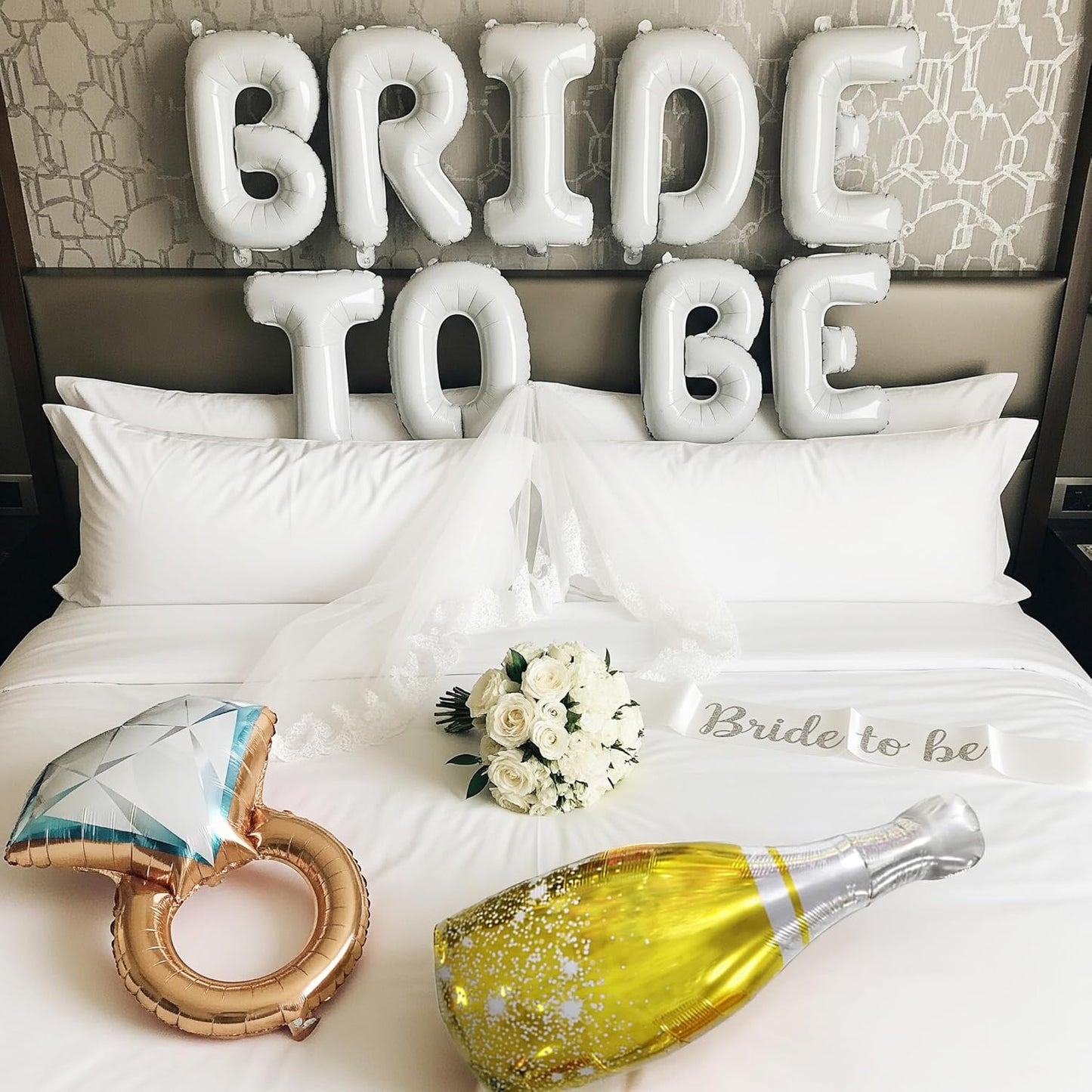 Classic pearl white Bridal Shower party decorations elegan White balloons Bridal Veil BRIDE TO BE Balloons Sash with Diamond Ring Heart Champagne Balloons Bridal Veil for Bachelorette Party Supplies
