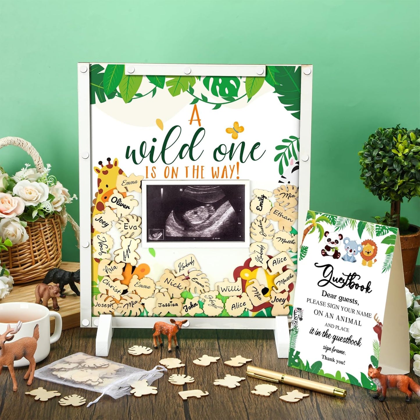 65 Pcs Safari Animal Baby Shower Guest Book Alternatives He or She Gender Reveal Baby Shower Decorations Sign in Guest Book with Picture Frame and 60 Wooden Chip