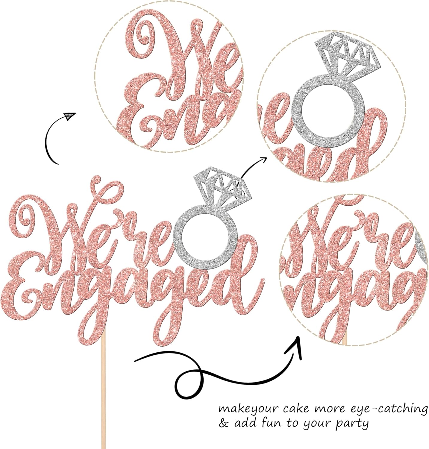 1 PCS We're Engaged Cake Topper Glitter Diamond Ring Wedding Engagement Cake Pick for Wedding Bridal Shower Theme Party Cake Decorations Supplies Gold