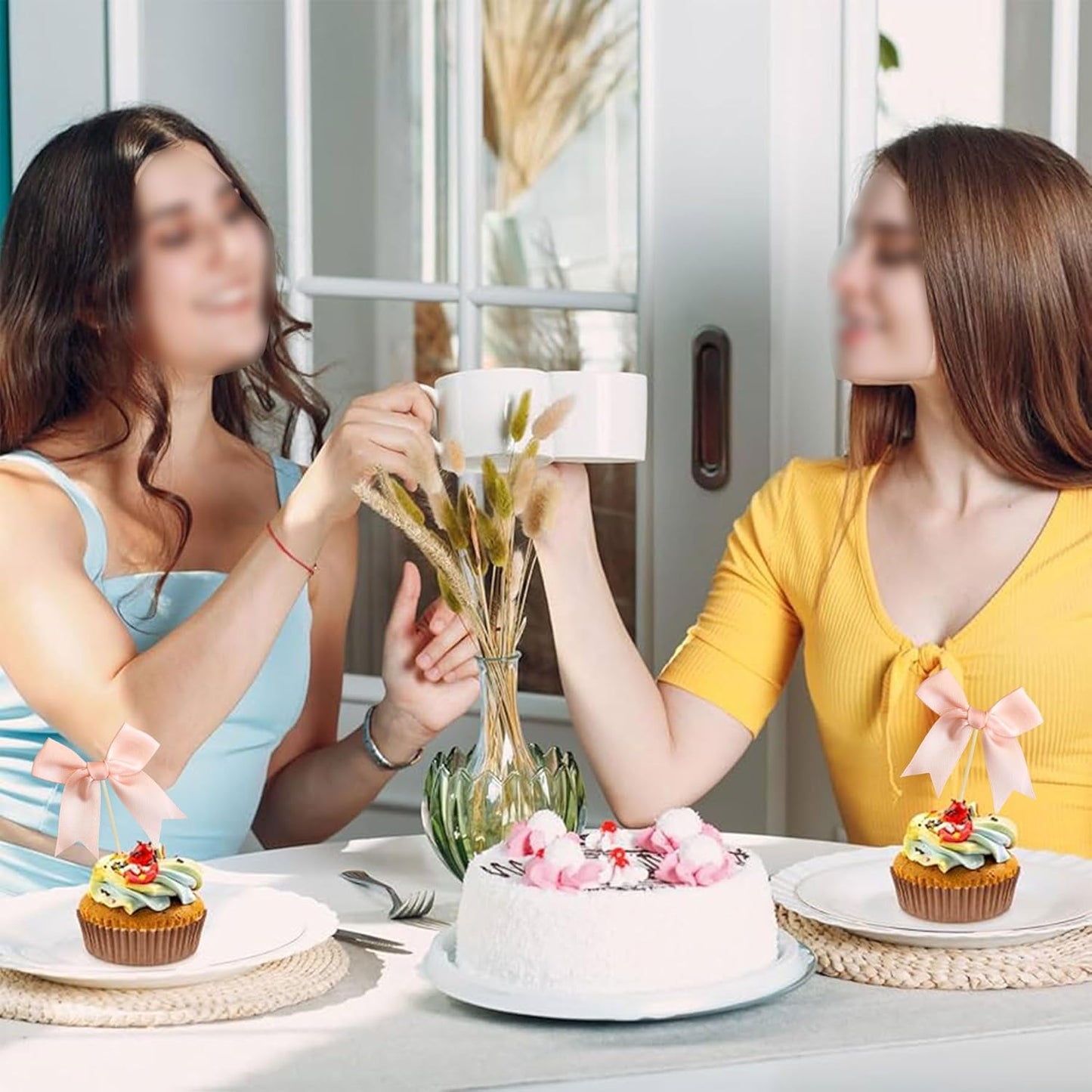 Gyufise 24Pcs Bow Cupcake Toppers Coquette Bow Girls Birthday Cake Decorations Bowknot Cake Toppers Bowknot Cupcake Picks for Baby Shower Birthday Wedding Bridal Engagement Party Supplies Dark Pink