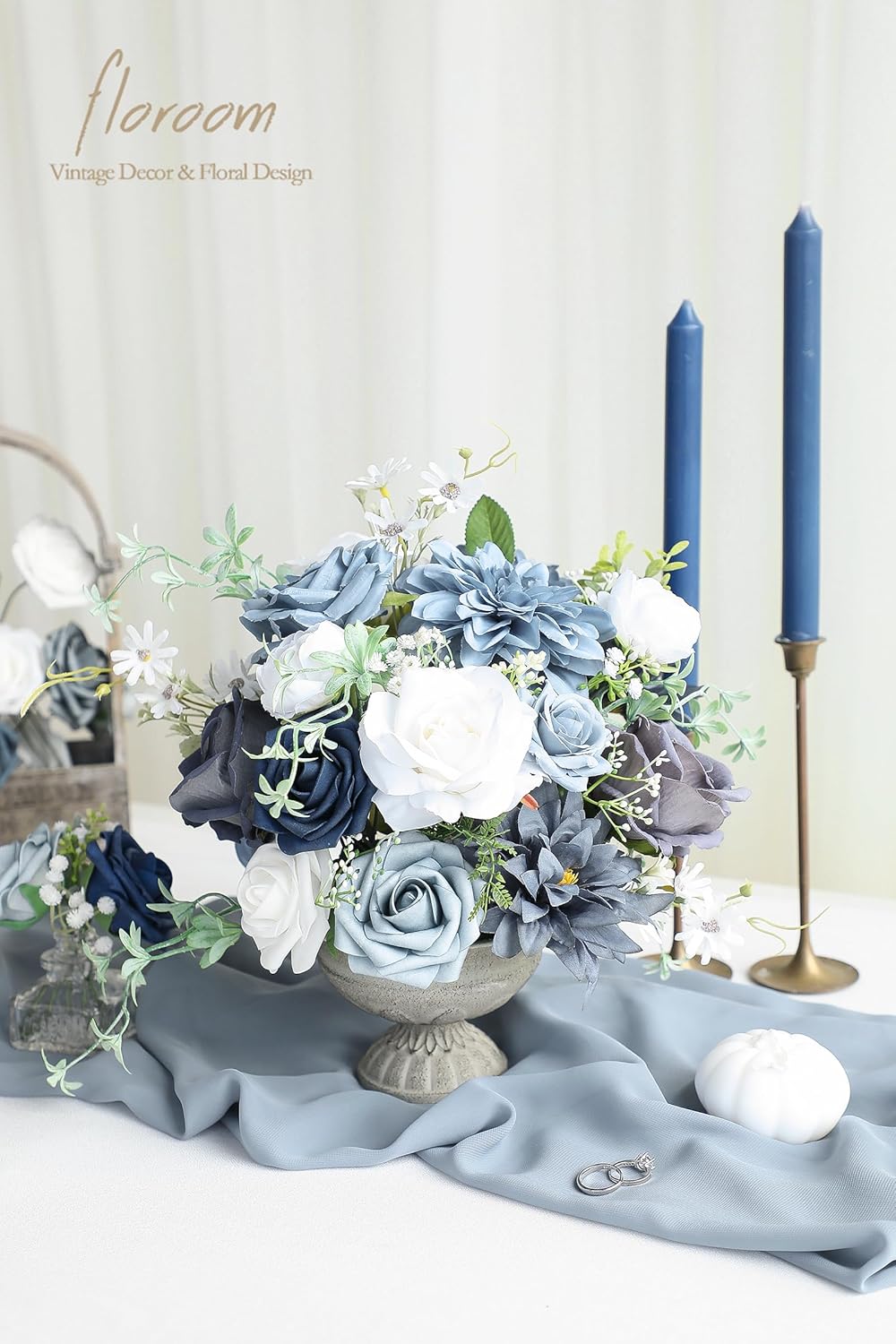 Floroom Dusty Blue Navy Artificial Flowers Fake Roses Peonies Dahlias and Greenery Combo Box Set for DIY Wedding Bouquets Bridal Shower Centerpieces Floral Arrangements Party Tables Home Decorations