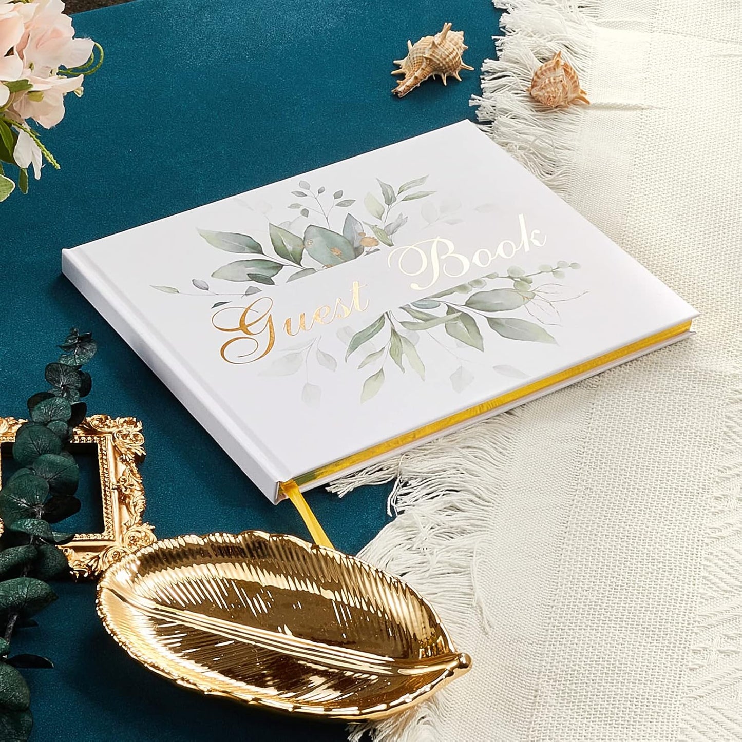 TRULIVA Wedding Guest Book with Pen - Sign in Book for Wedding Reception - Gold Foil - Hard Cover, 7" x 9" (Eucalyptus Gold Foil, Book and Pen)