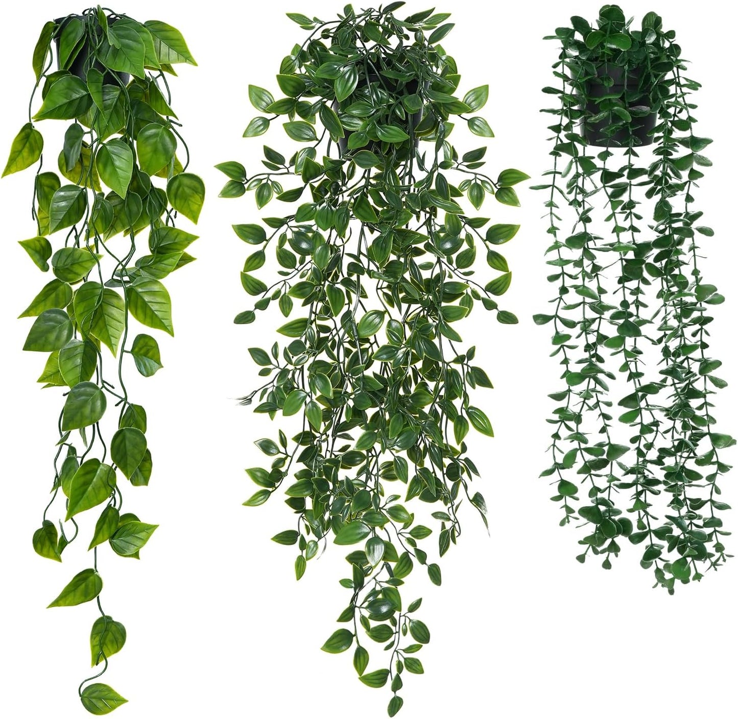 3 Pack Small Fake Hanging Plants, Artificial Eucalyptus, Pothos & Mandala Vines with Plastic Pot for Indoor Home Decor, Wall, Office, Bathroom, Kitchen, Shelf, Farmhouse Room Decoration