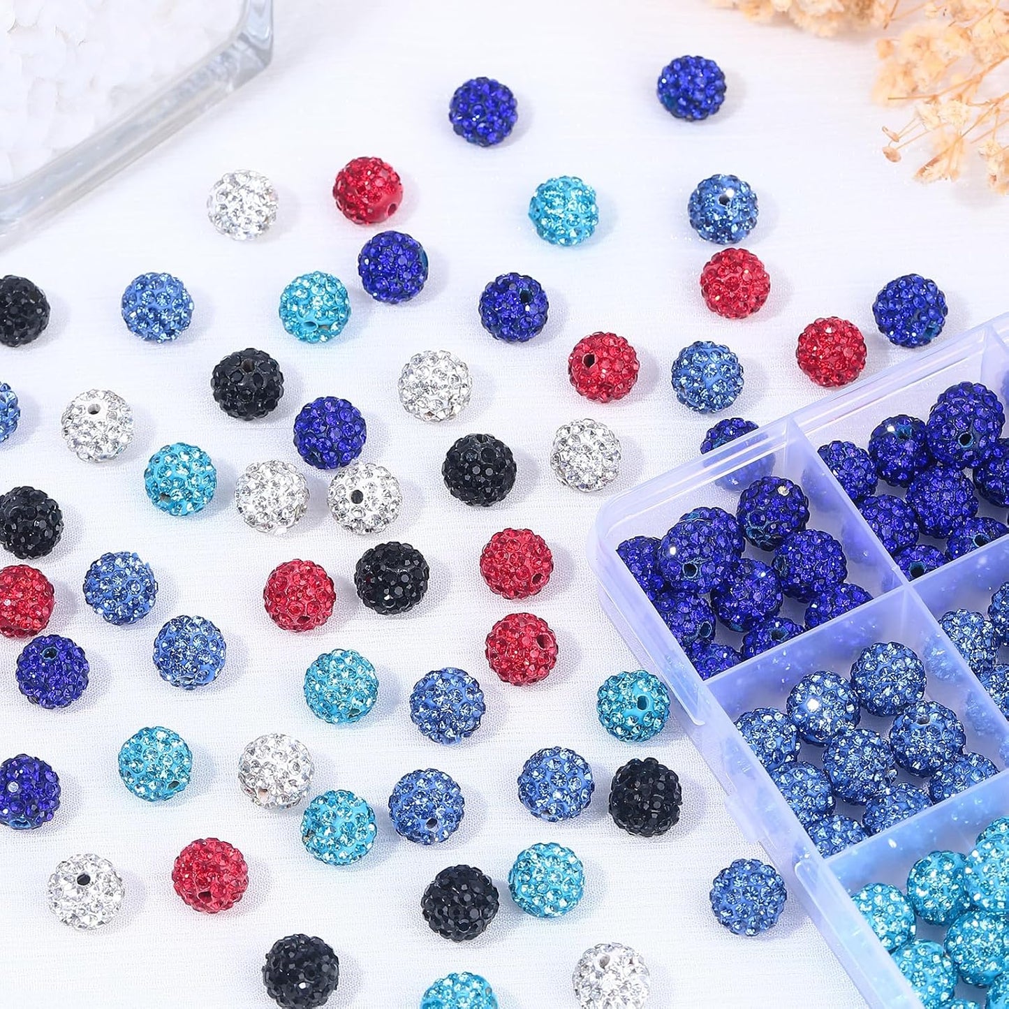 240pcs 10mm Rhinestone Beads for Crafting, Sparkle Clay Beads Crystal Disco Ball for DIY Jewelry Making Bracelet Necklace Earring and Independence Day Decorations Clay Rhinestone Red and Blue Series