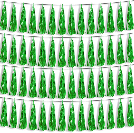 4P Green Foil Fringe Metallic Streamers Banner Tassel Garland for Parade Floats, Bachelorette, Wedding, Birthday, Halloween, Christmas, Bridal/Baby Shower Party Decorations