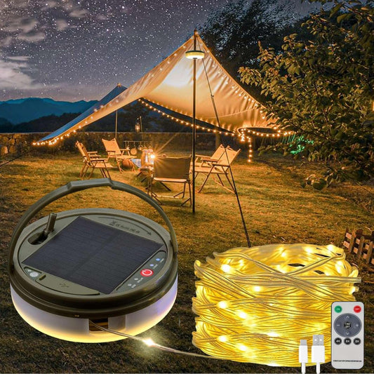 Solar Camping String Lights, 39.4FT Fairy String Lights 150LEDs, Portable Waterproof Camp Lamp with 8 Lighting Modes, Hanging Rechargeable Tent Lantern for Garden Party Christmas Decor-Remote Control