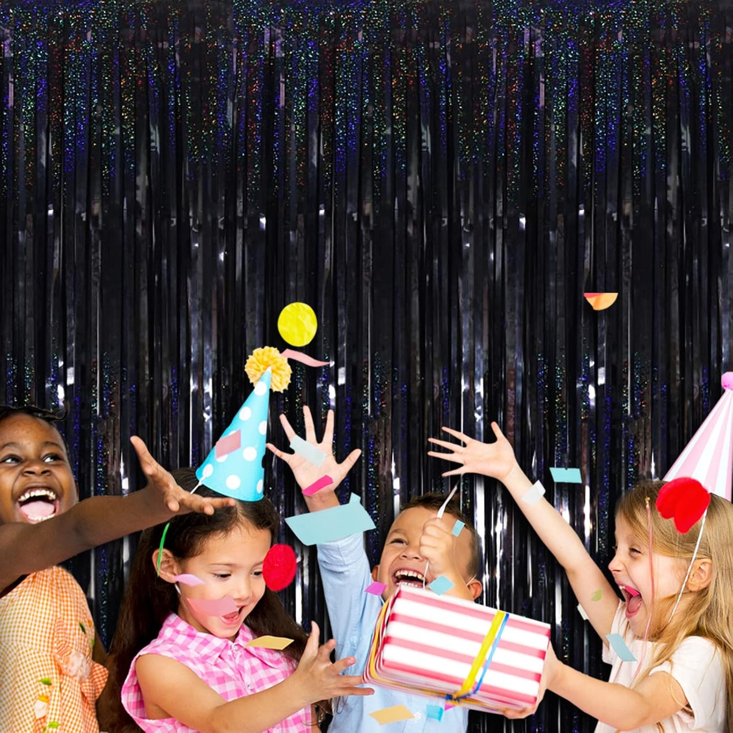 4 Pack Black Tinsel Foil Fringe Curtain Backdrop, 3.28Ft x 8.2Ft Metallic Streamers for Photo Booth Props Wedding Bridal Shower Bachelorette Birthday Halloween Christmas Party Decoration