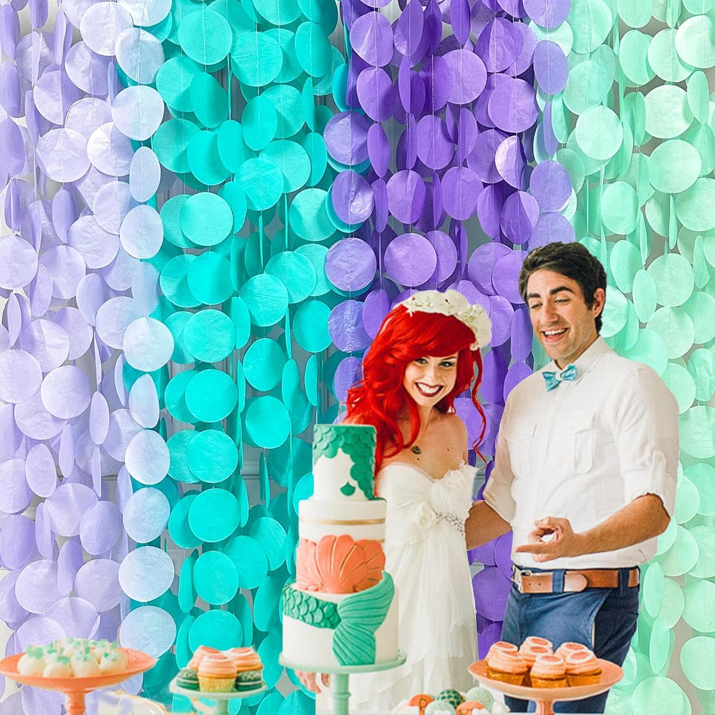 205Ft Purple Teal Big Circle Dot Backdrop Streamer Tissue Paper Polka Dot Hanging Garland for Mermaid Under The Sea Birthday Bachelorette Wedding Baby Shower Engagement Party Decorations Supplies