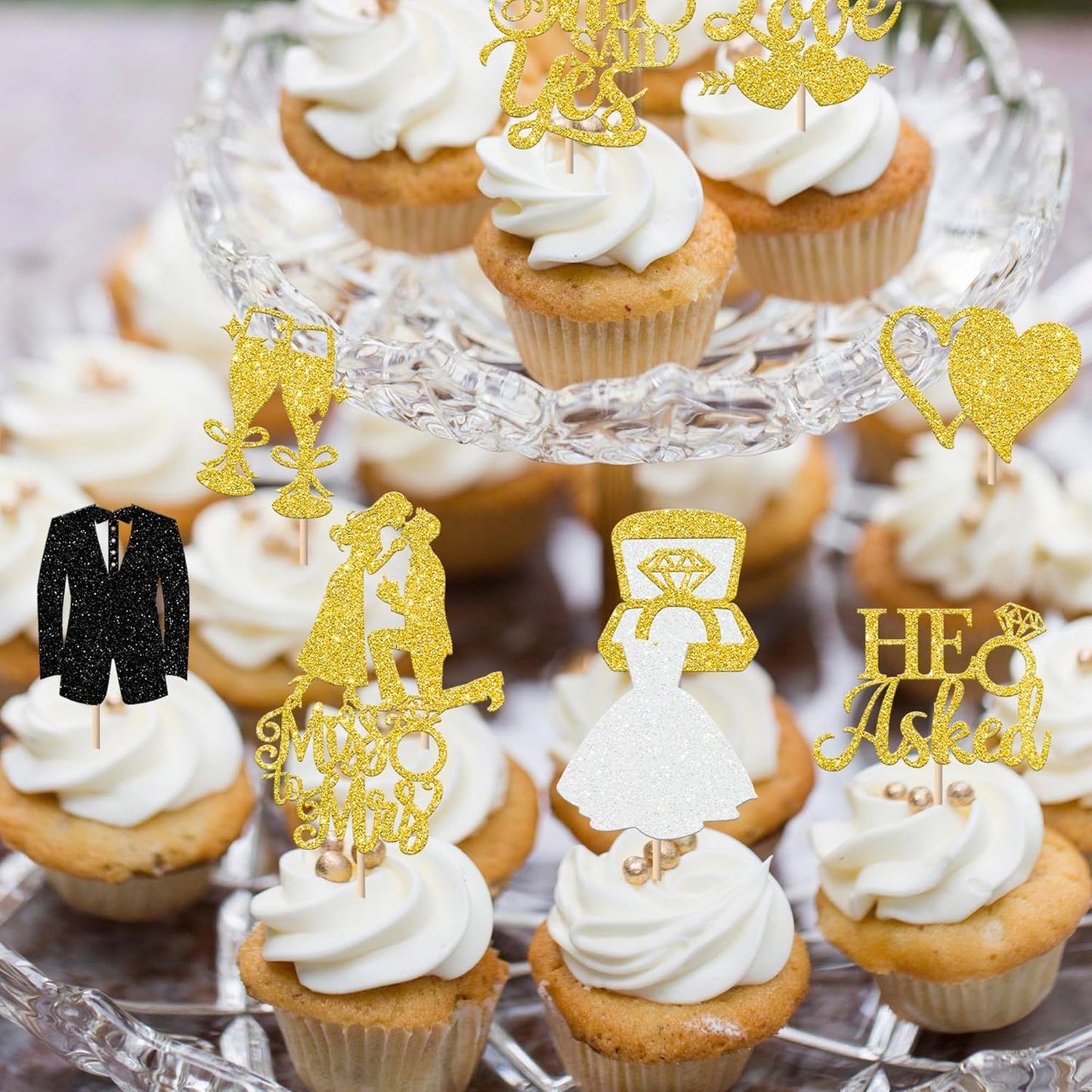 30 Pack Bride to be Cupcake Toppers Glitter Diamond Ring I Do Love Cupcake Picks Miss to Mrs He Asked She Said Yes Bridal Shower Wedding Engagement Bachelorette Cake Decoration Gold