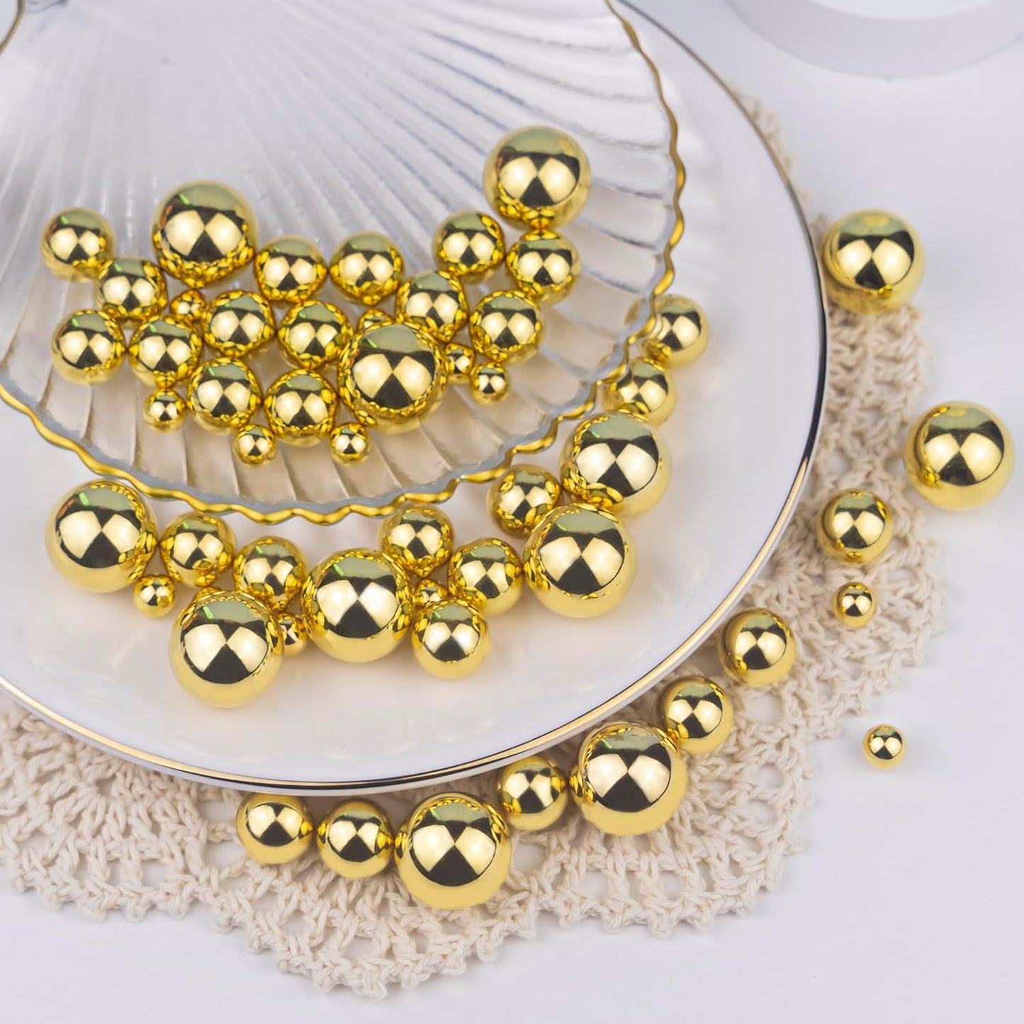 150Pcs Brightgold Polished No Hole Faux Pearl Beads for Vase Filling Decorations, Plastic Pearls Vase Fillers, Table Scatters, Wedding Centerpiece, Home Decor, 8/14/20 mm