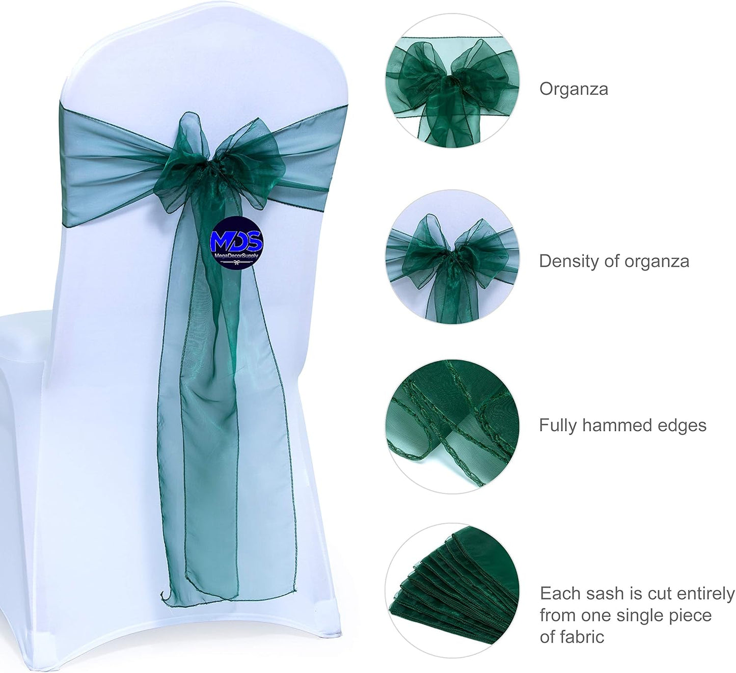 MDS Pack of 25 PCS Organza Chair Sashes Wider Dining Chair Bows Ribbon Tie Back for Wedding Party Birthday Bridal Shower Reception Event Banquet Home Chair Cover Decoration - Hunter Green