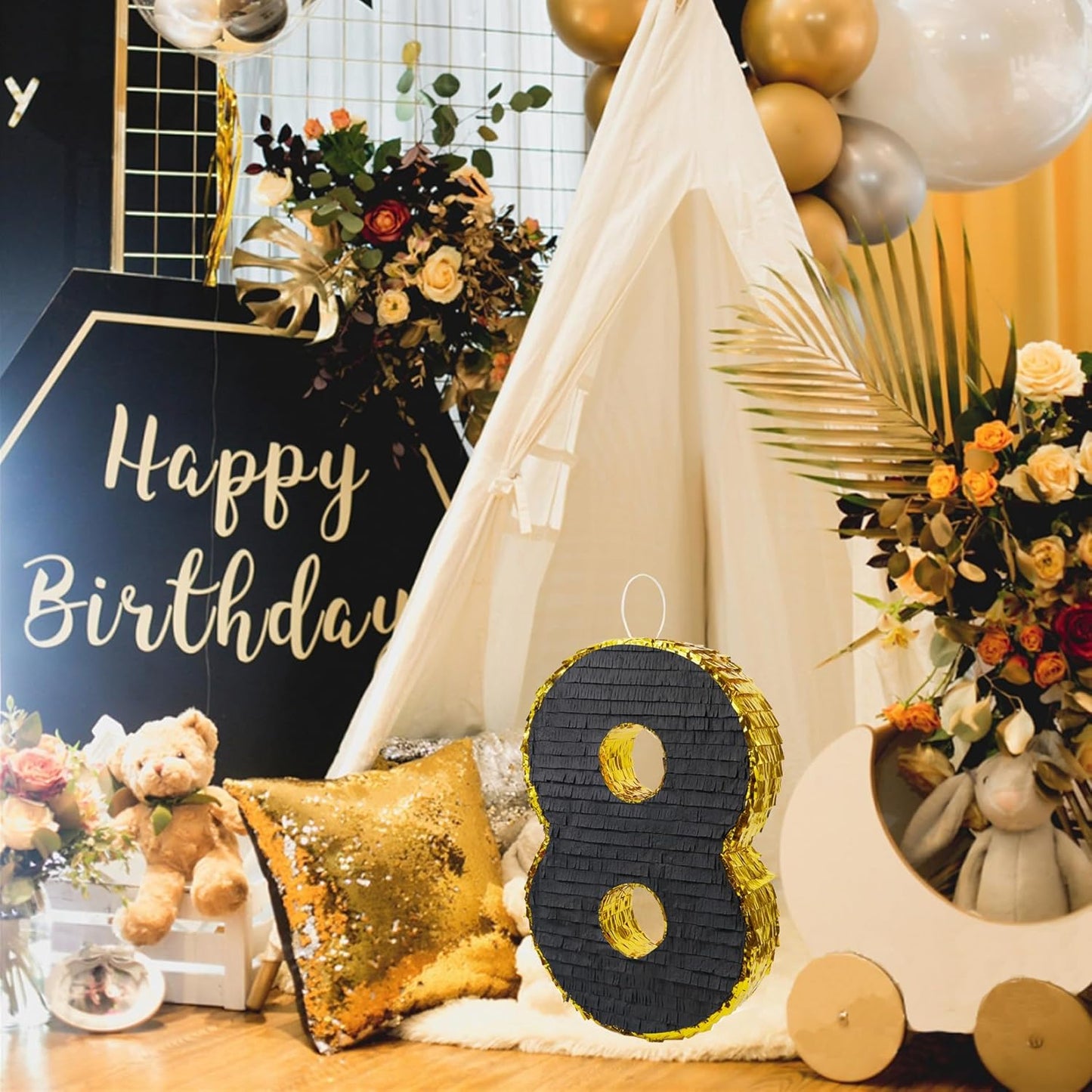 PCFING 20 Inch Number 8 Piñata Gold Black with 30 Inch Piñata Stick Blindfold Confetti for Man Women Boys Girls Birthday Party Decorations, Anniversary Celebration, Fiesta