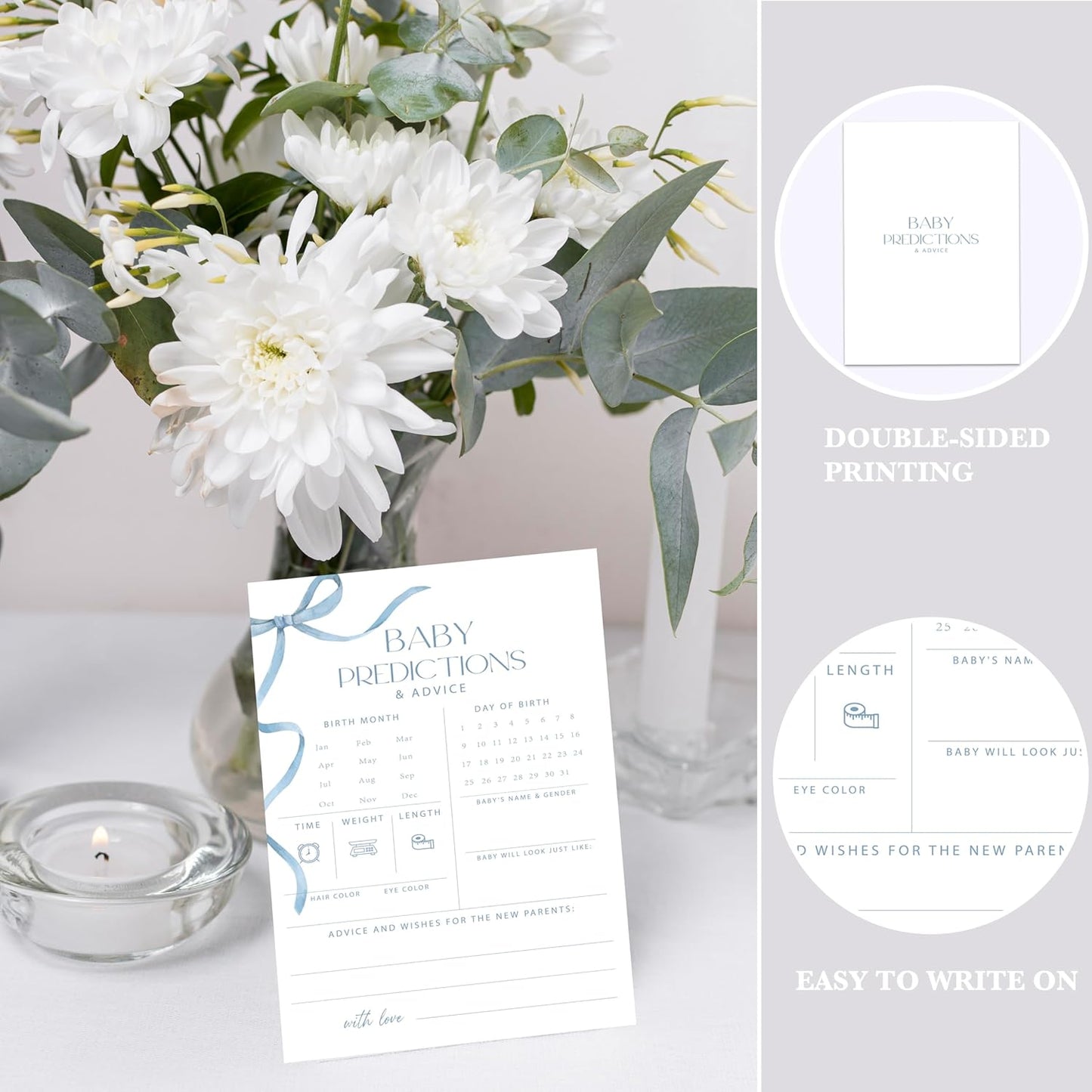 Advice For New Parents Baby Shower, Baby Predictions & Advice Cards For Baby Shower Games Activities, Wishes for Baby, 25 Double-Sided Thick Cards – Blue Bow A02