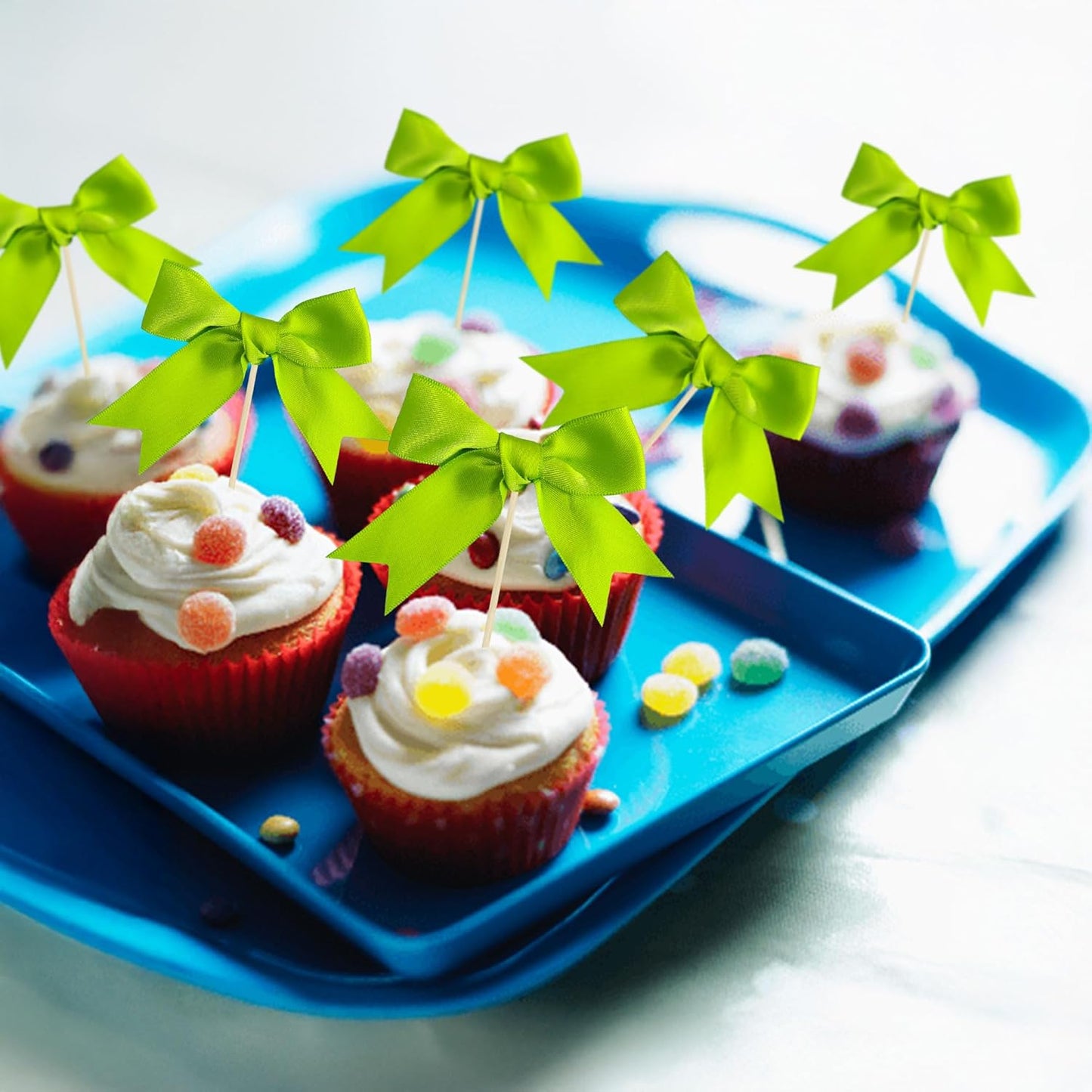 Ephlyn 24Pcs Pink Bow Cupcake Toppers Pink Bow Cake Topper Birthday Decorations, Mini Bowknot Cupcake Picks for Coquette Theme Party Decoration Bachelorette Bridal Engagement Wedding Party Green