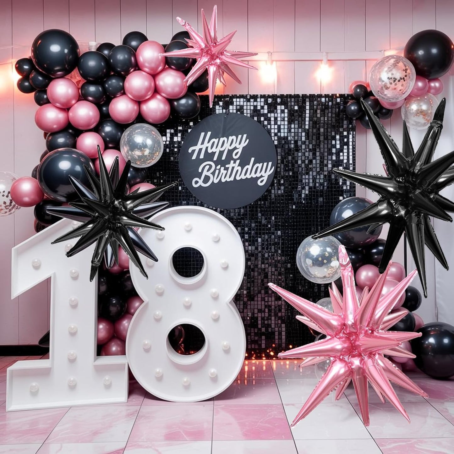 Pink Black Star Balloons,9Pcs 22Inch Black and Pink Explosion Spike Cone Helium Polyester Film Star Foil Balloons for Birthday Anniversary Baby Shower Disco Party Decorations