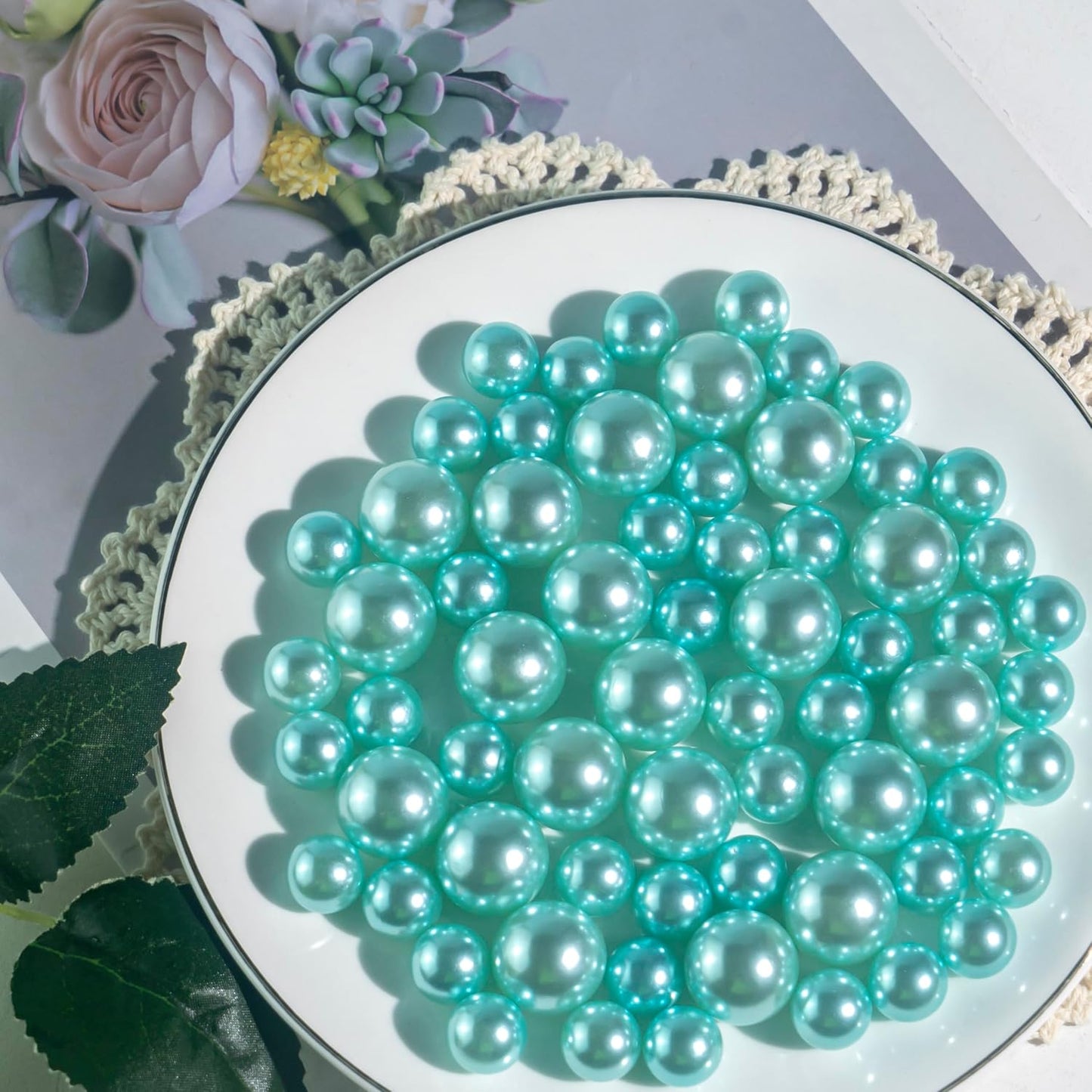 150Pcs Lake Blue Polished No Hole Faux Pearl Beads for Vase Filling Decorations, Plastic Pearls Vase Fillers, Table Scatters, Wedding Centerpiece, Home Decor, 8/14/20 mm