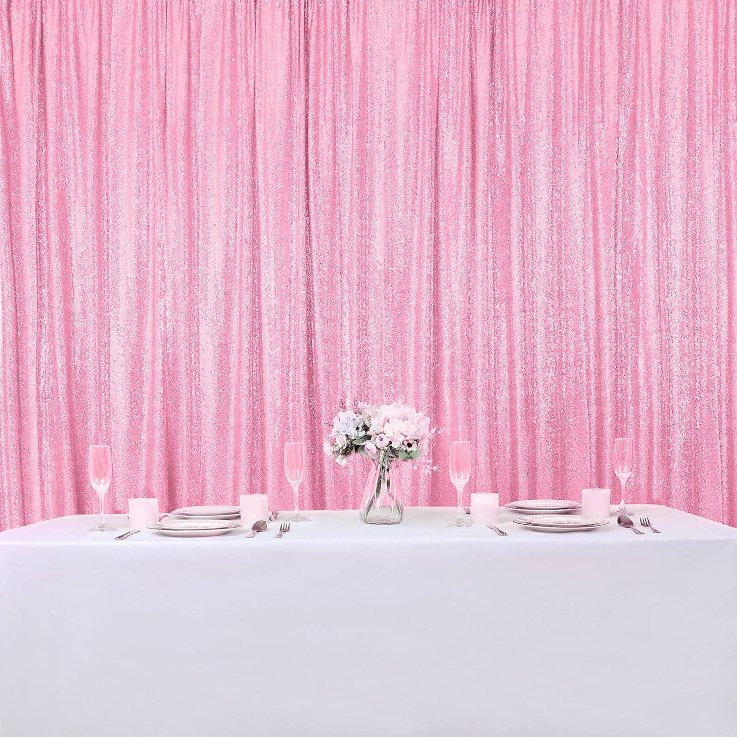 Hahuho Pink Sequin Backdrop Curtain, 4PCS 2FTx8FT Glitter Backdrop Curtain for Parties, Christmas, Wedding, Banquet Decoration（4 Panels, 2FT x 8FT, Pink）