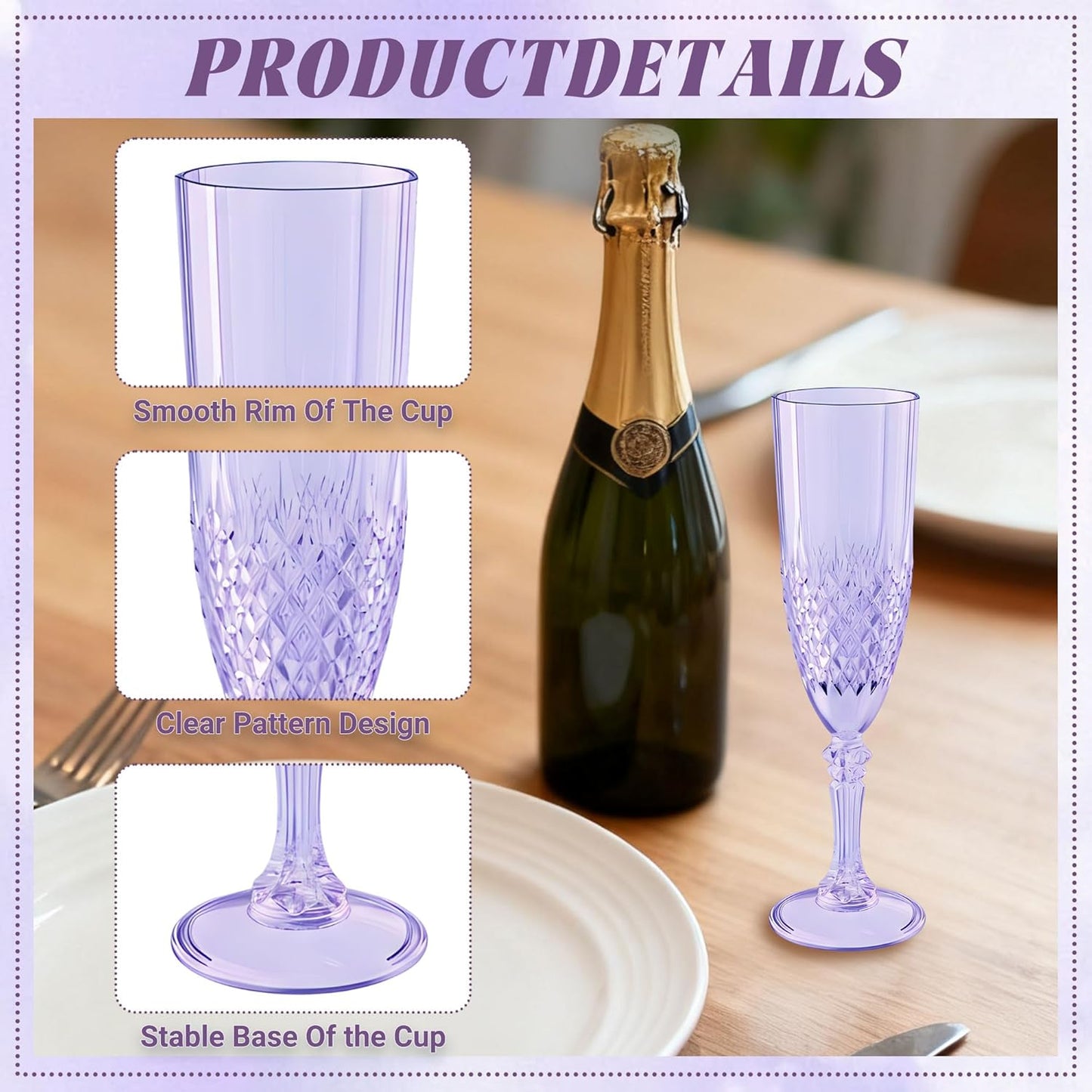 Plastic Champagne Flutes, 24PCS Purple Wine Glasses Goblets Cups Reusable Flute, for Weddings Bachelor Parties Toasting and Events(24, Purple)