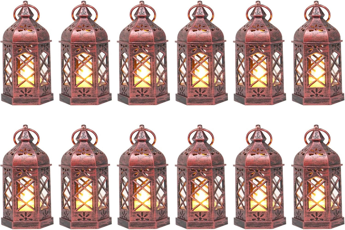 12PCS Mini Lantern with Flicker LED Candle for Halloween Decorations, Small Lanterns Decorative, Vintage Hanging Moroccan Lantern for Wedding Halloween Christmas Decor, Table Centerpiece, Rose Gold