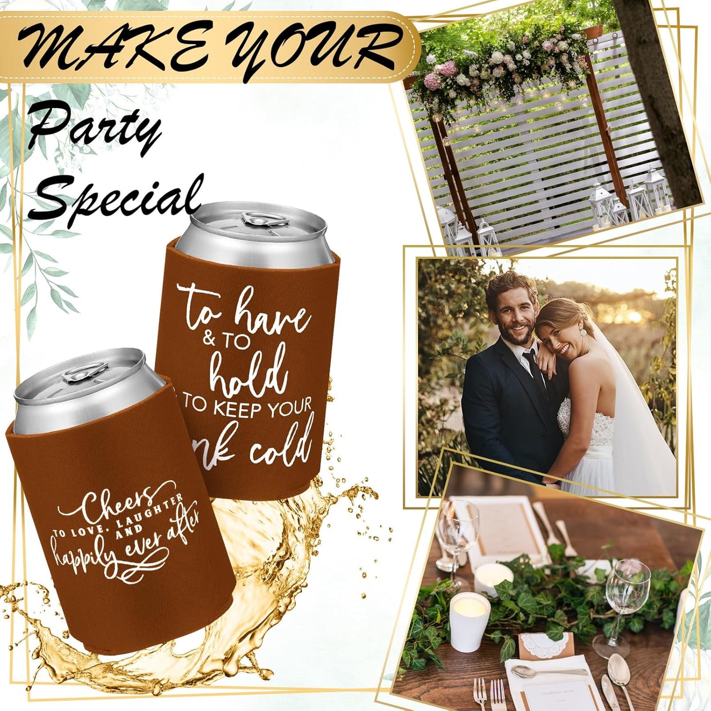50 Pieces Chocolate Wedding Can Cooler Sleeves Bulk Engagement Party Favors for Guests Cheers to Love Laughter and Happily Ever After Rehearsal Dinner Decorations for Wedding Bridal