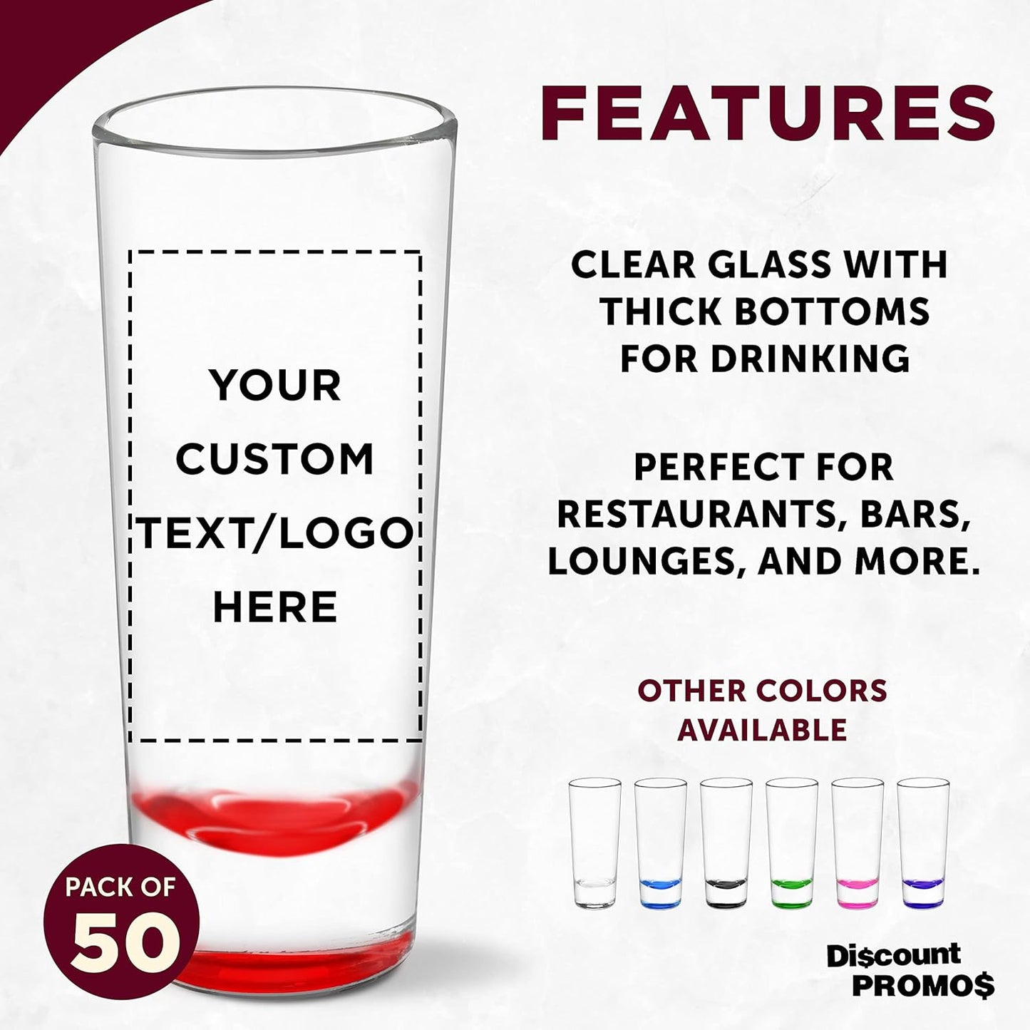 Custom Cordial Shooter Shot Glasses 2 oz. Set of 50, Personalized Bulk Pack - Great for Birthdays, Parties, Indoor & Outdoor Events - Red