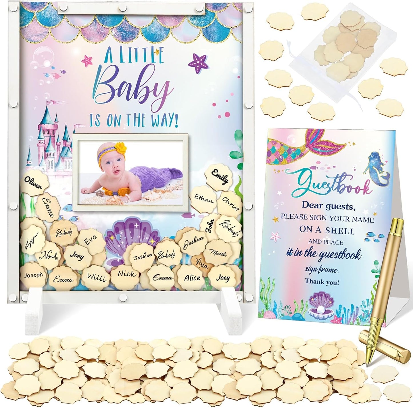 65 Pcs Mermaid Baby Shower Guest Book Alternatives He or She Gender Reveal Baby Shower Decorations Sign in Guest Book with Picture Frame and 60 Wooden Chip Under The Sea Party Favors