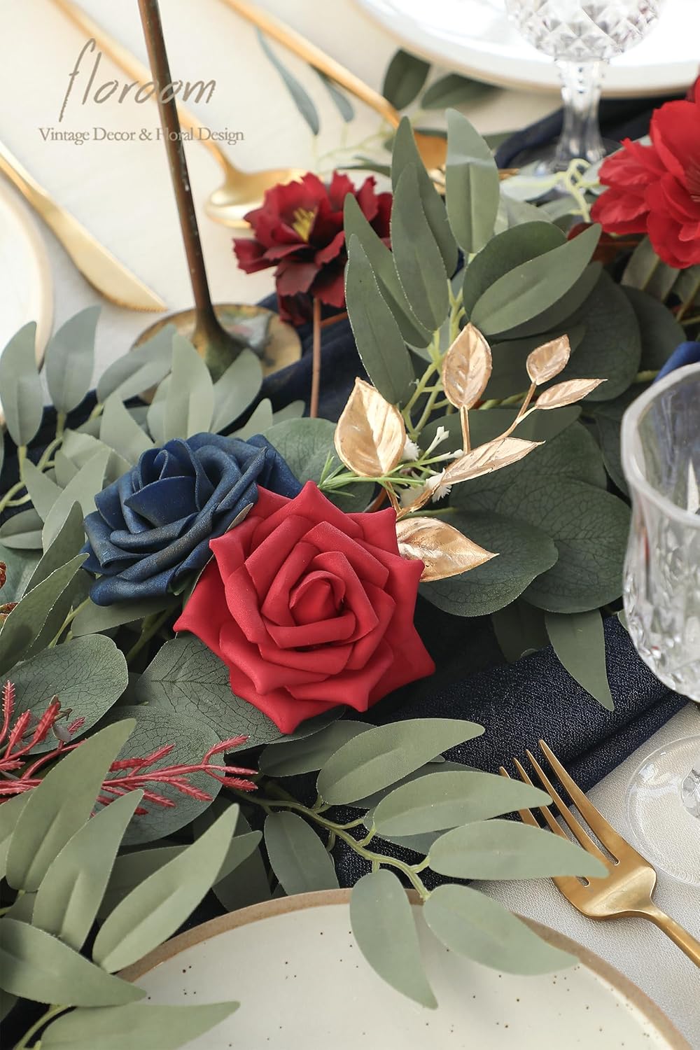 Floroom 6ft Artificial Eucalyptus Garland with Flowers Fake Greenery Faux Floral Vine Garland for Table Decor Wedding Centerpieces Bridal Shower Party Decorations, Dark Red Burgundy Navy