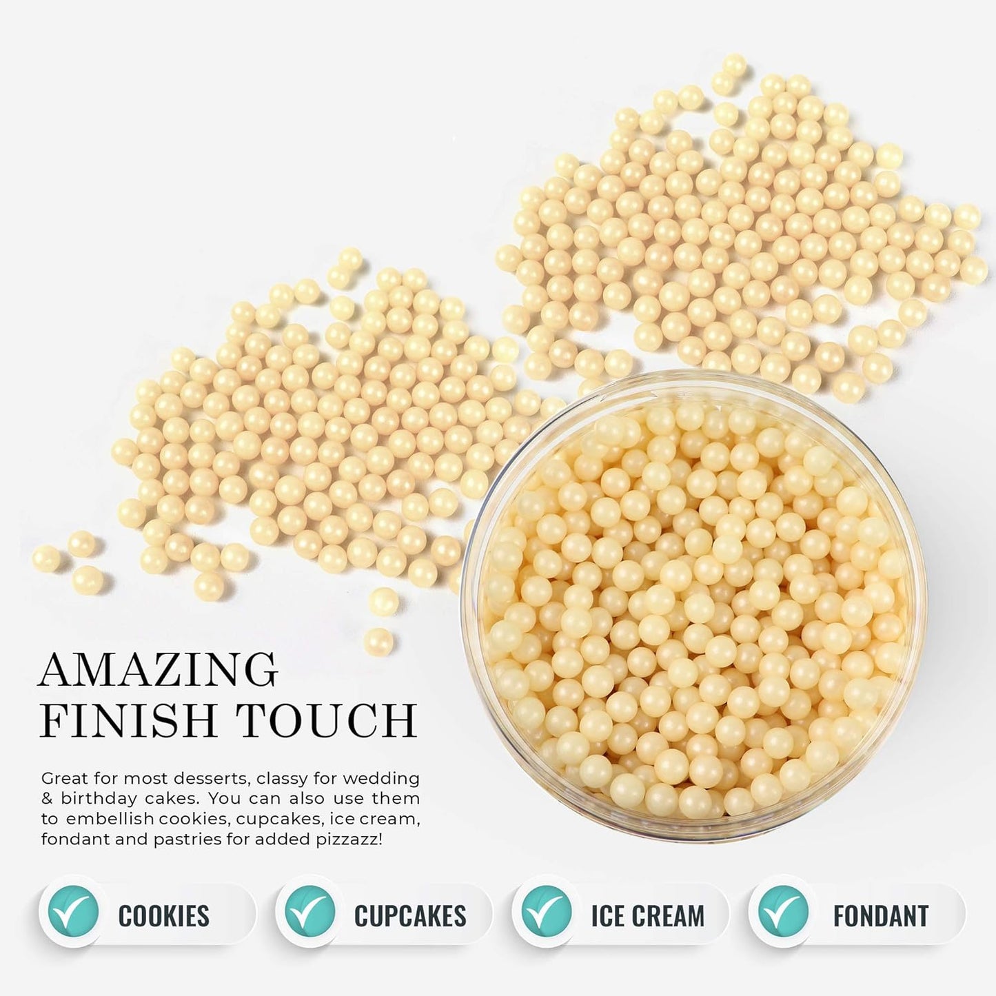 O'Creme Ivory Edible Sugar Pearls Cake Decorating Supplies for Bakers: Cookie, Cupcake & Icing Toppings, Beads Sprinkles For Baking, Certified, Candy Sugar Ball Accents (12mm, 16 Oz)