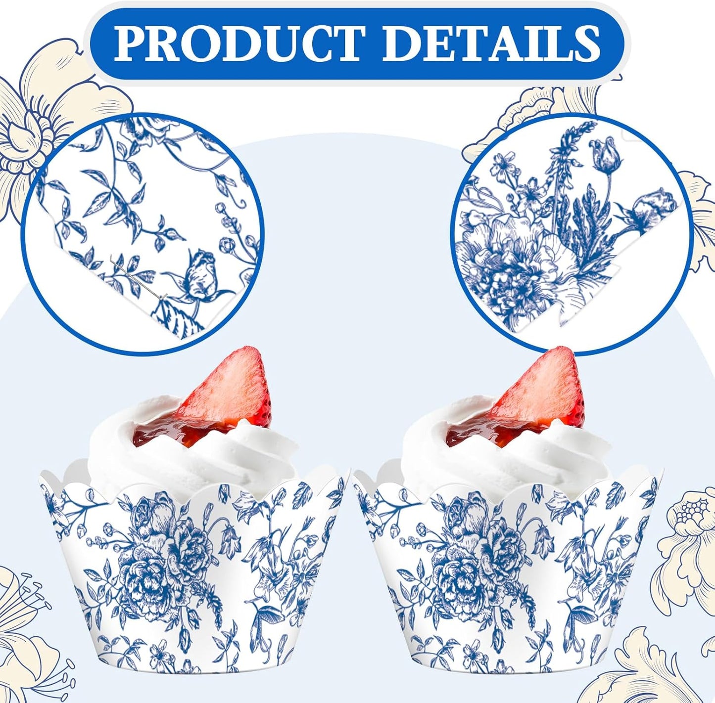 Domensi 100 Pcs Blue Floral Cupcake Wrappers Rustic Cupcake Liners Baking Cups Baking Liners for Wedding Bridal Baby Shower Birthday Party Supplies Dessert Decoration, Blue