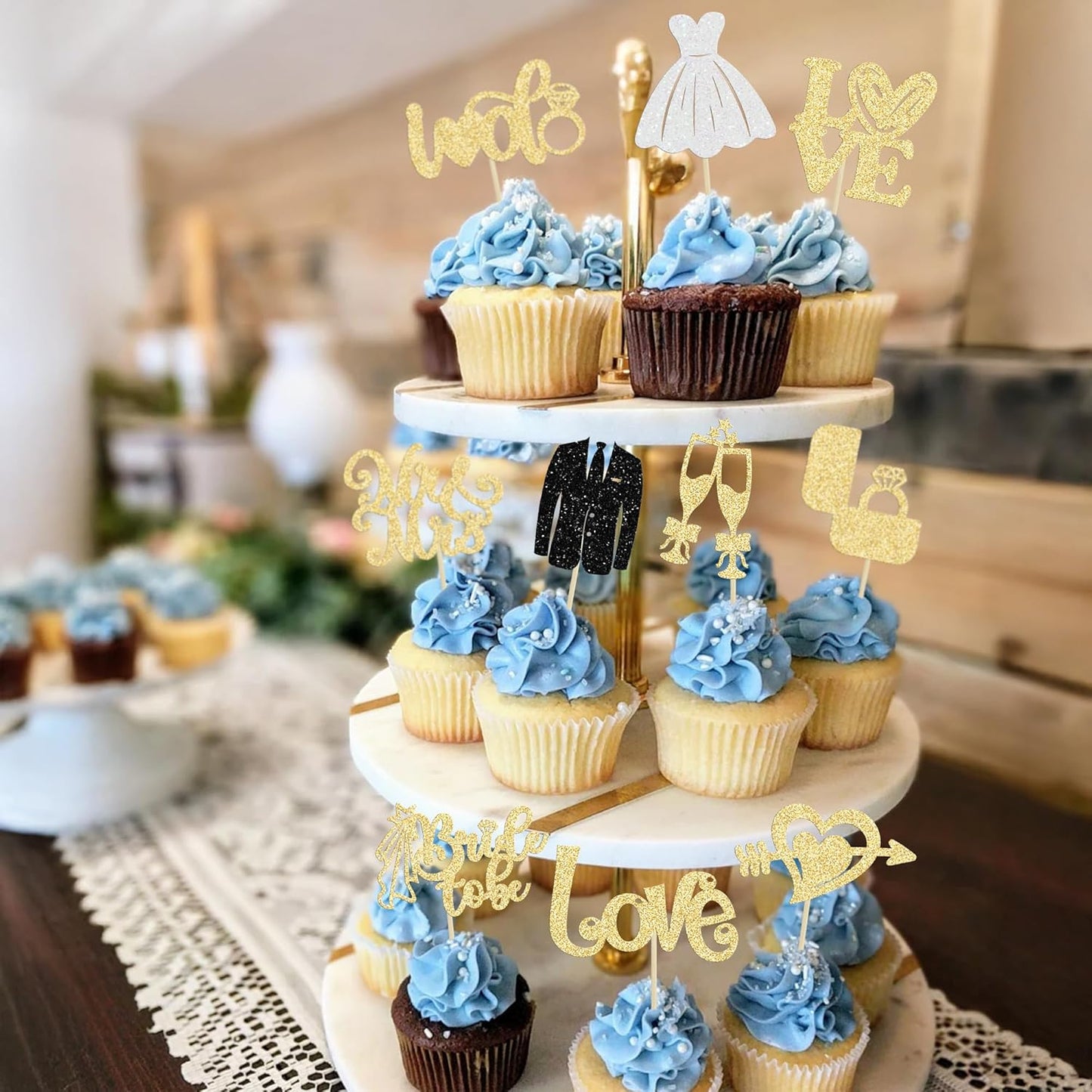 Ephlyn 30Pcs Bride to be Cupcake Toppers Glitter Diamond Ring Love I Do Cupcake Picks for Miss to Mrs Bridal Shower Wedding Engagement Bachelorette Cupcake Decorations Party Supplies Gold