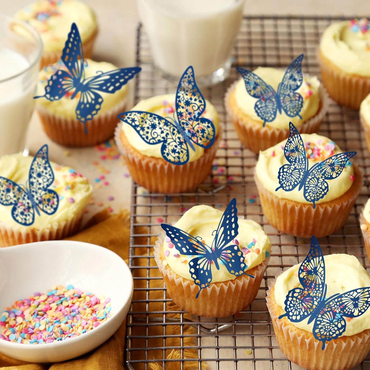 Gyufise Lively 3D Butterfly Cupcake Toppers - 36 Pack Hollow Cake Decorations for Birthday, Wedding, Fairy Party - Blue Glitter