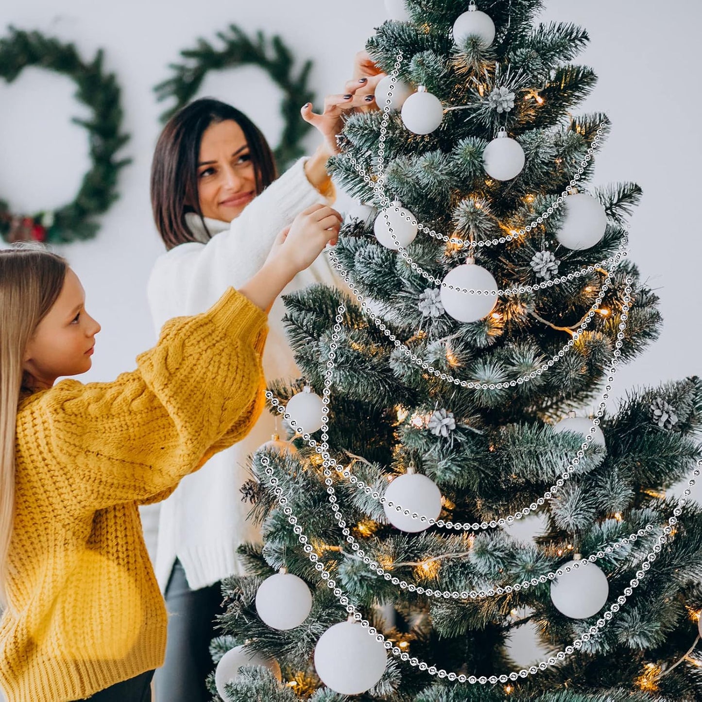 Faux Silver Pearl Beads Garland - 10mm Christmas Tree Beads 11 Yards Silver Pearl Strands Spool Pearl String Bead Roll for Wedding Party Christmas Tree Decoration(10mm 11Yards, Silver)