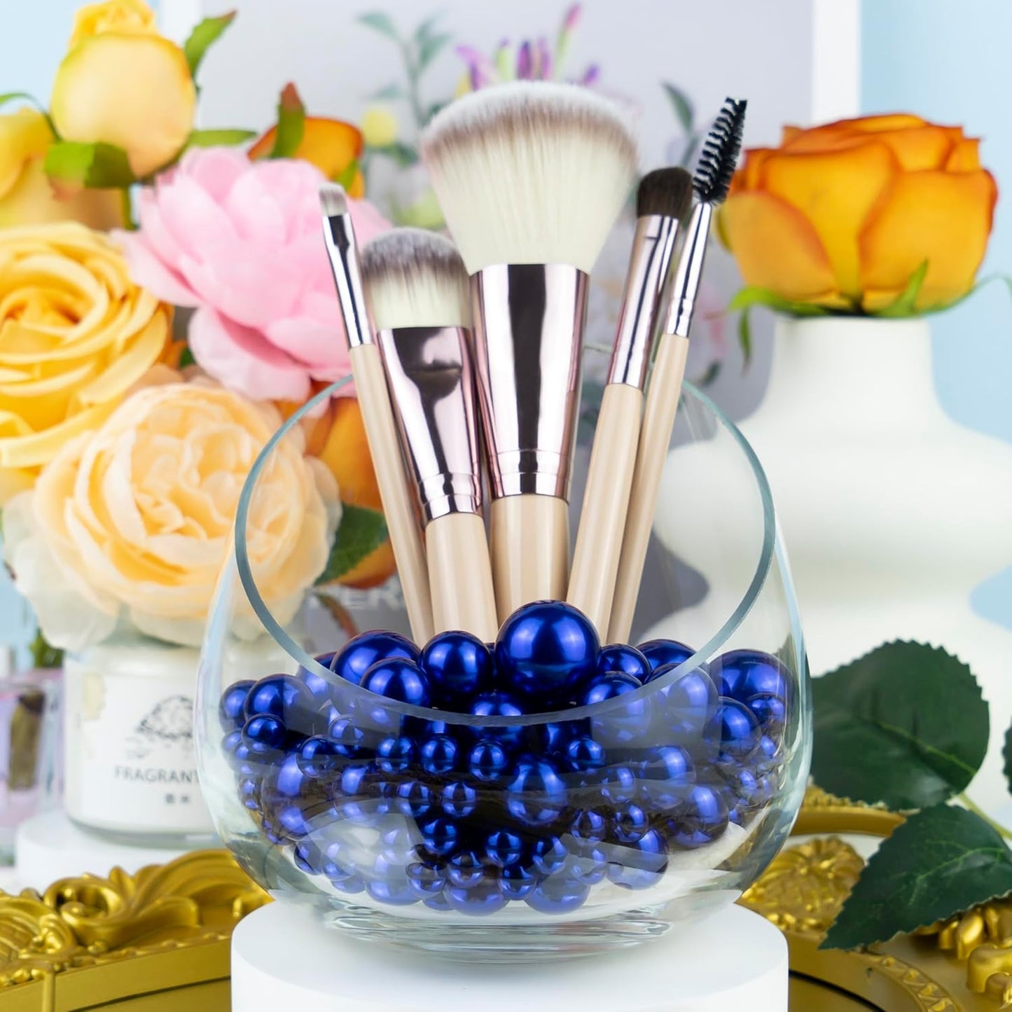 300Pcs Navy Blue Polished No Hole Faux Pearl Beads for Vase Filling Decorations, Plastic Pearls Vase Fillers, Table Scatters, Wedding Centerpiece, Home Decor, 8/14/20 mm