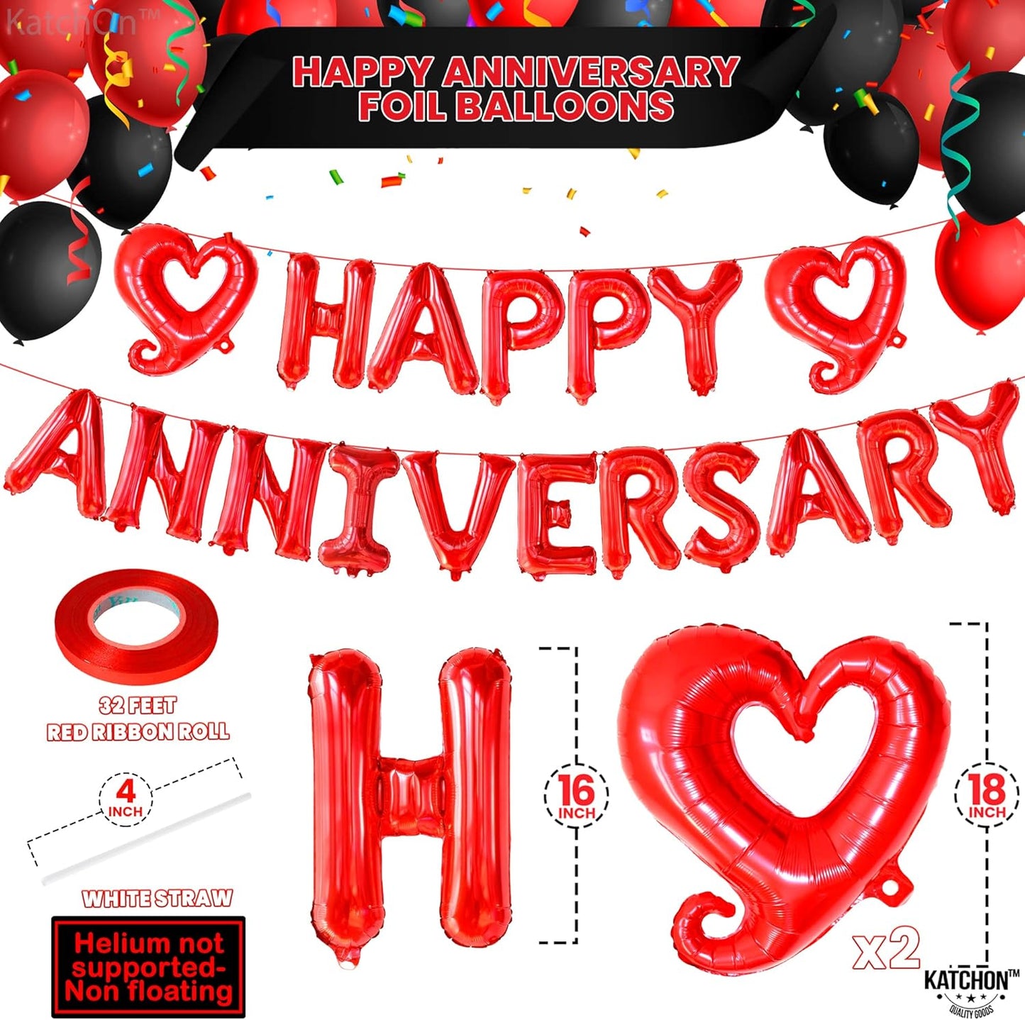 KatchOn 18 Inch Happy Anniversary Balloons Letters - Big Red Banner for Decorations | Heart Balloons for Party