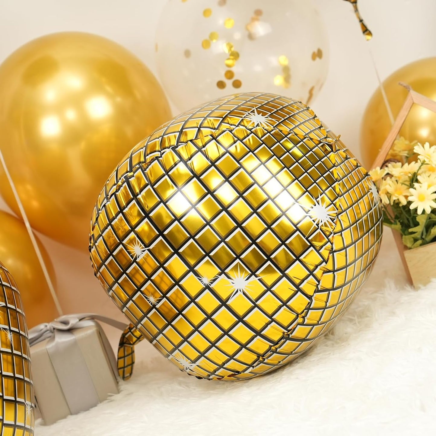 Disco Ball Balloons 4PC,Foil Disco Balloons 22 Inch 4D Round Metallic Gold Balloon for 70s 80s Birthday Bachelorette Graduation Gold Decorations