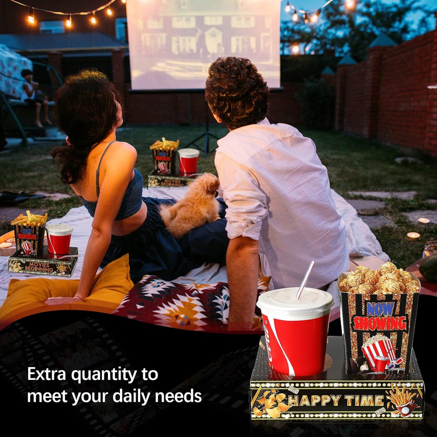 Faccito 36 Pcs Movie Night Snack Trays Movie Theater Snack Boxes Night Supply Disposable Paper Holder Tray for Popcorn Food Candy Drink Party 8 x 6 Inch(Black Gold,Cute Style)