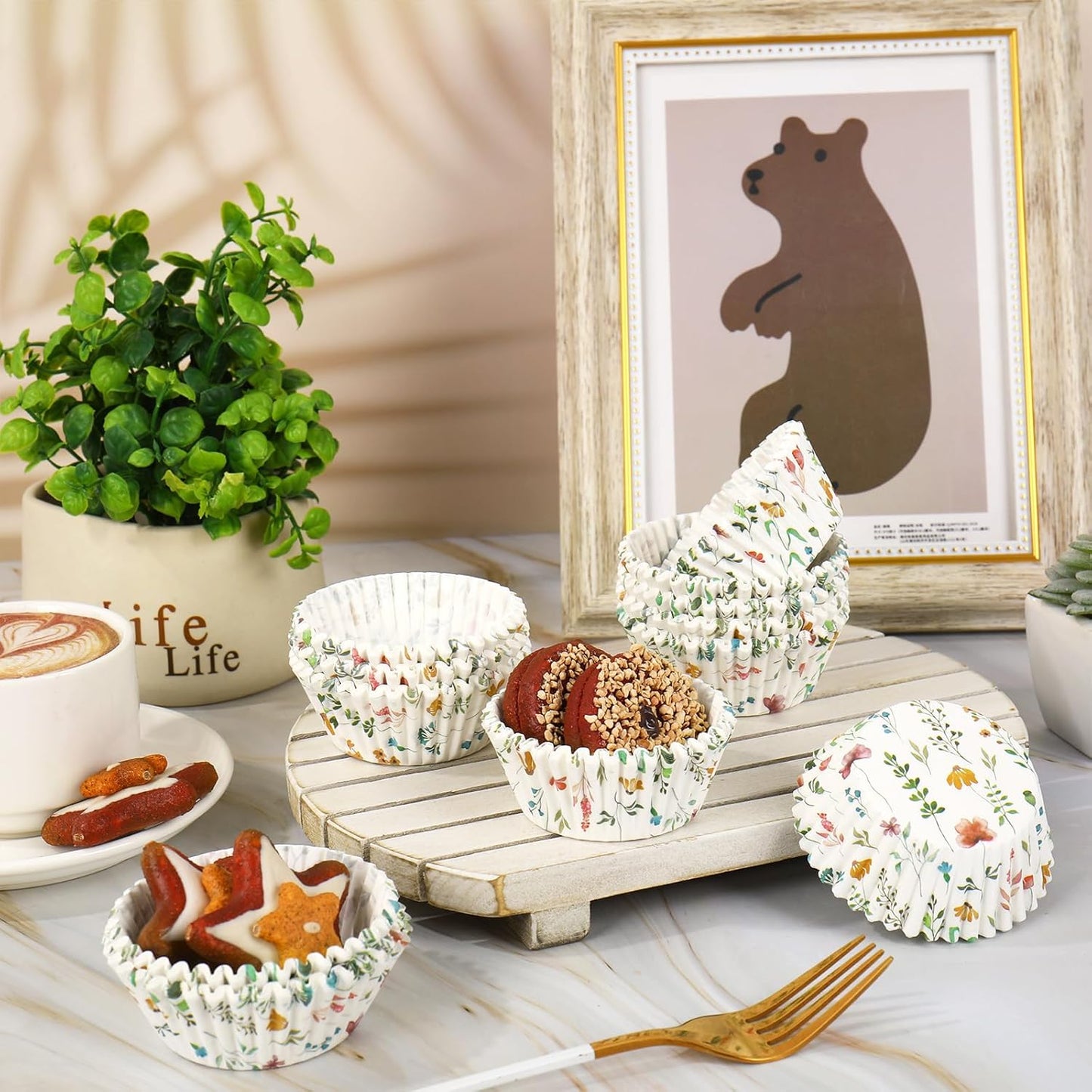 Whaline 300Pcs Floral Cupcake Liners Colorful Flower Paper Baking Cups Wildflower Muffin Liner Cupcake Wrappers for Baby Shower Bridal Shower Wedding Party Baking Supplies, 2 x 1.2 Inch